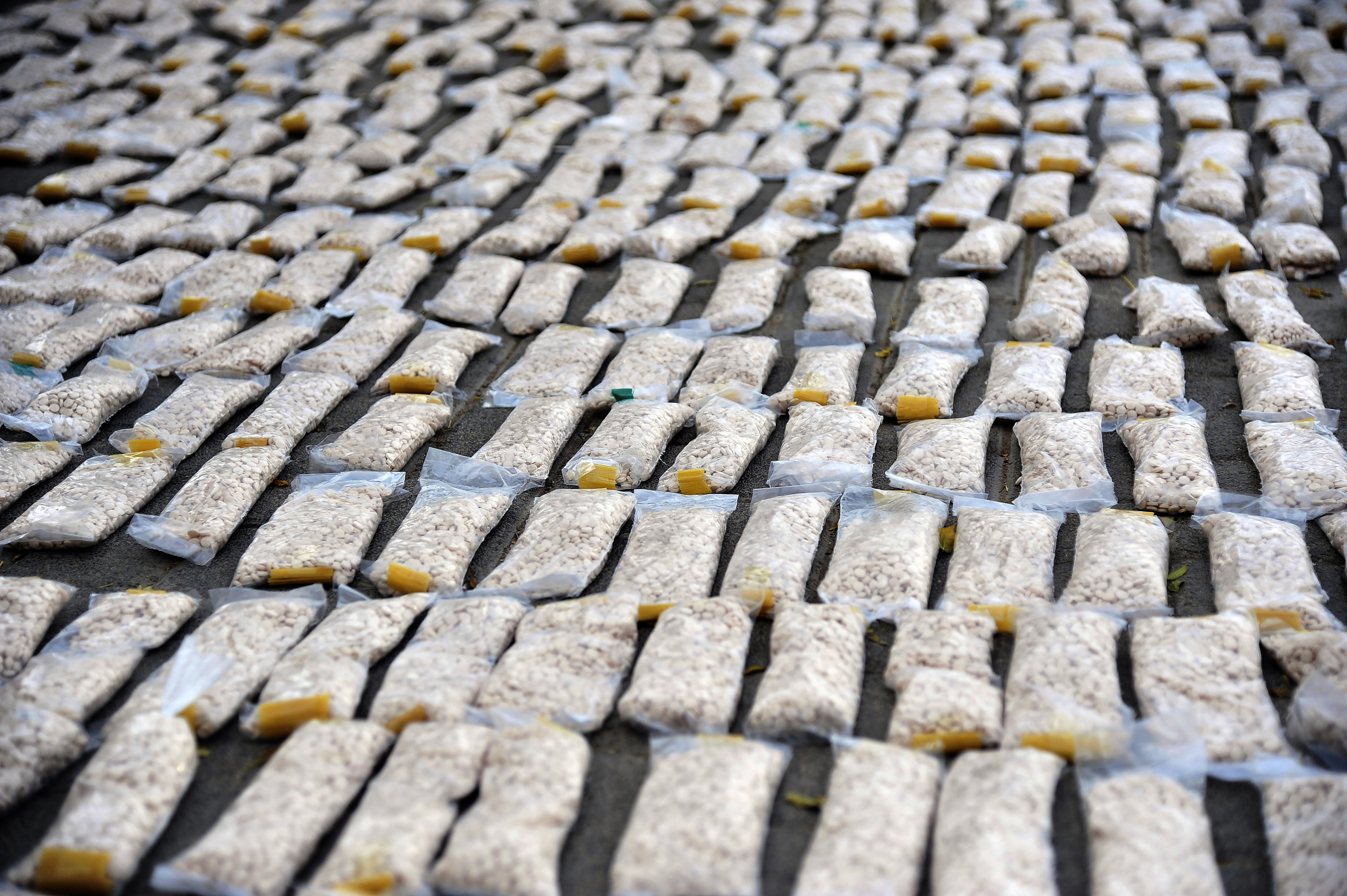 Syrian authorities display a haul of Captagon pills, in rural Damascus in 2021