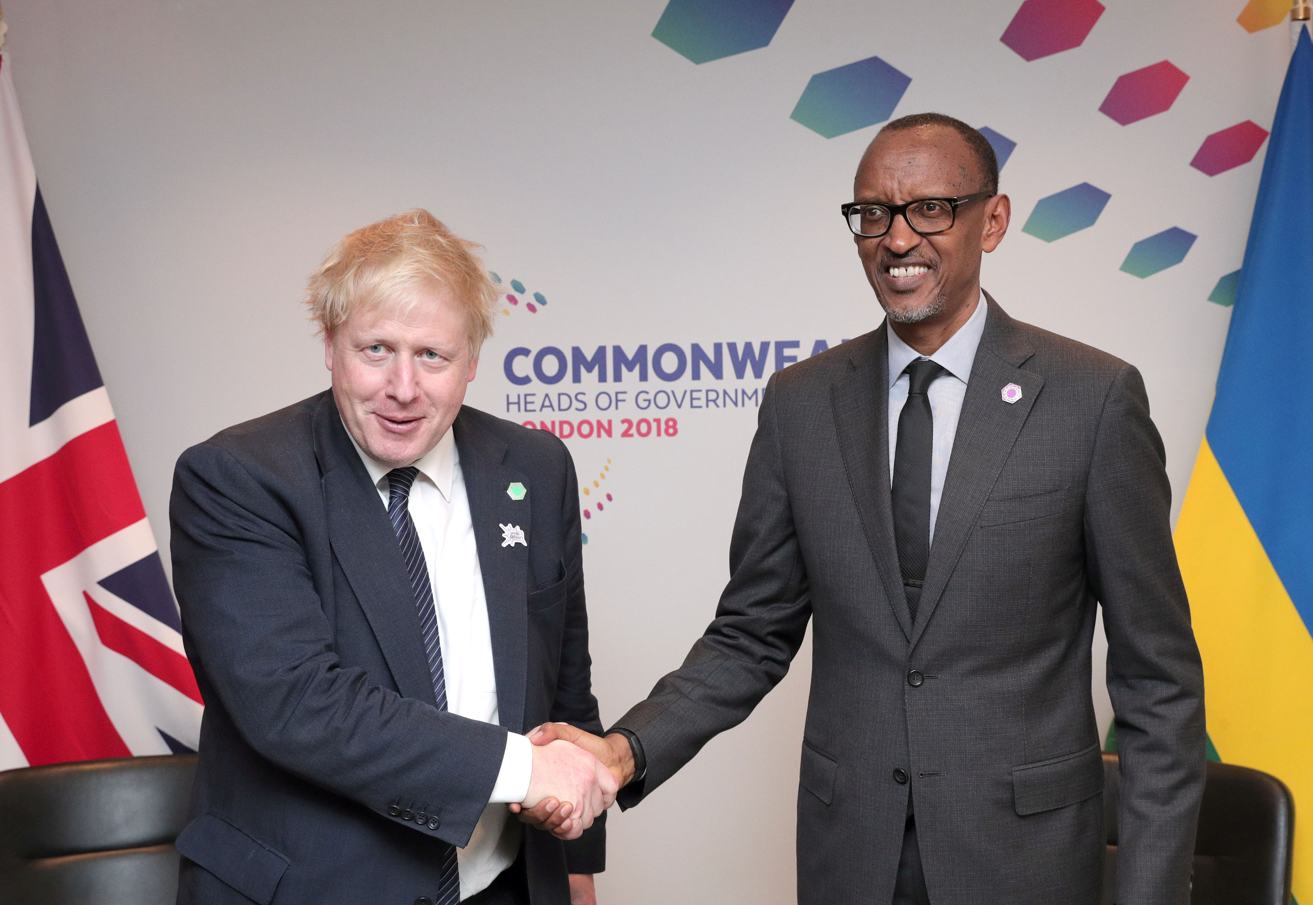 UK&#39;s Foreign Secretary Boris Johnson greets the President of Rwanda Paul Kagame in London in 2018 [File: Aaron Chown via Reuters]