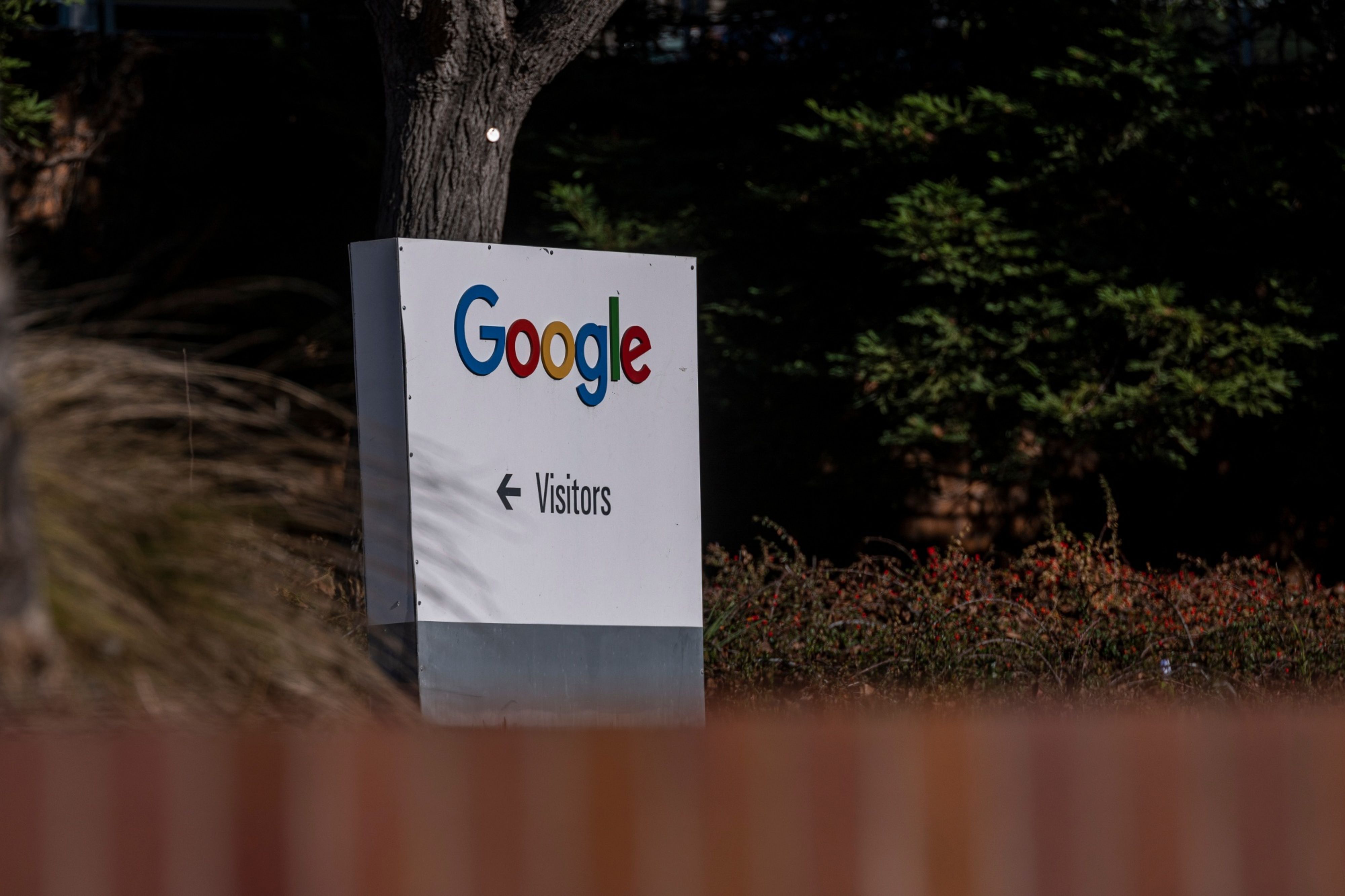 Signage at Google headquarters in Mountain View, California, U.S.