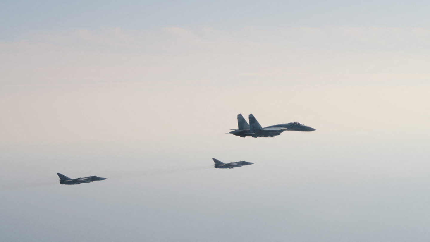 Russian aircrafts are pictured after two Russian aircrafts SU 27 and two SU 24 violated Swedish airspace, amid Russia's invasion in Ukraine, east of Gotland, over the sea March 2, 2022. Picture taken March 2, 2022.