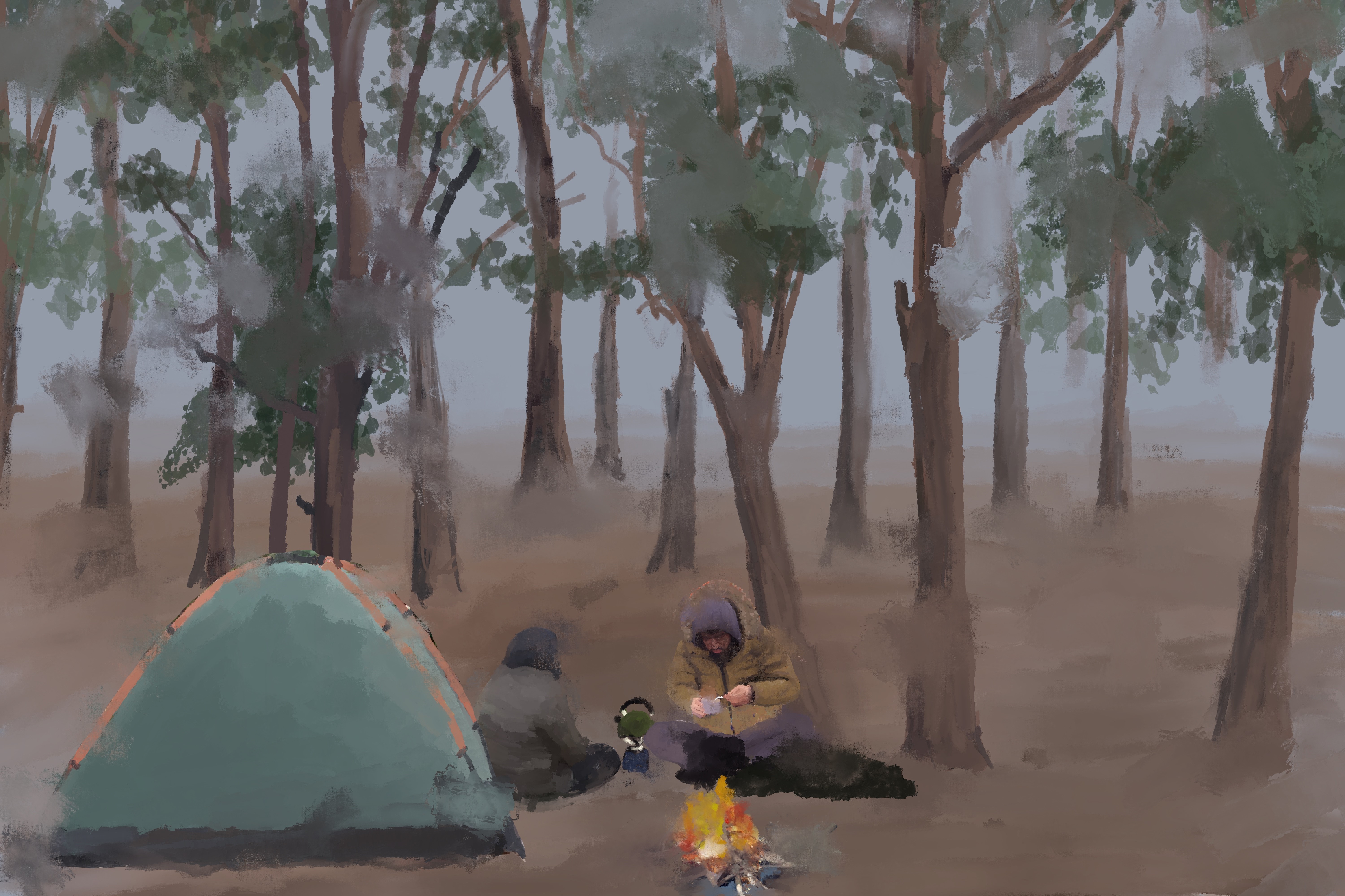 An illustration of a tent with two people sitting outside it with a fire.