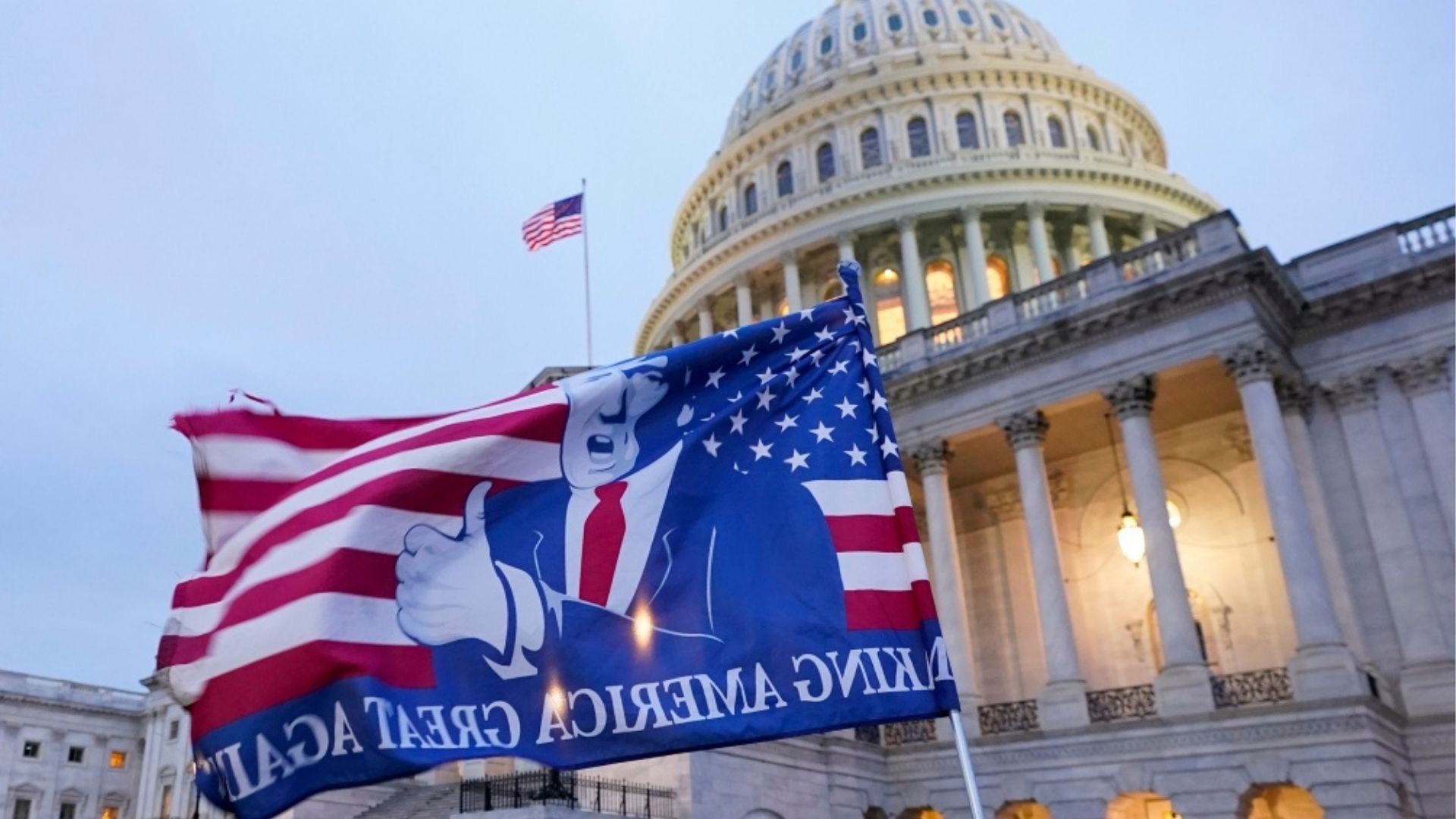 US Congress with a Trump flag in the foreground