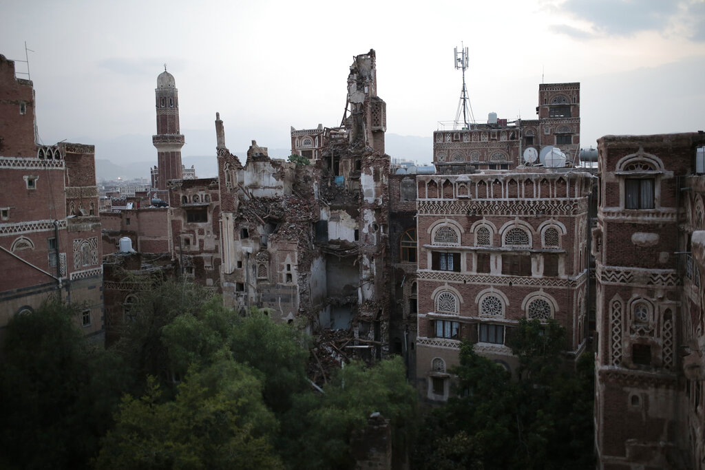 A rains-collapsed UNESCO-listed building in the old city of Sanaa, Yemen.