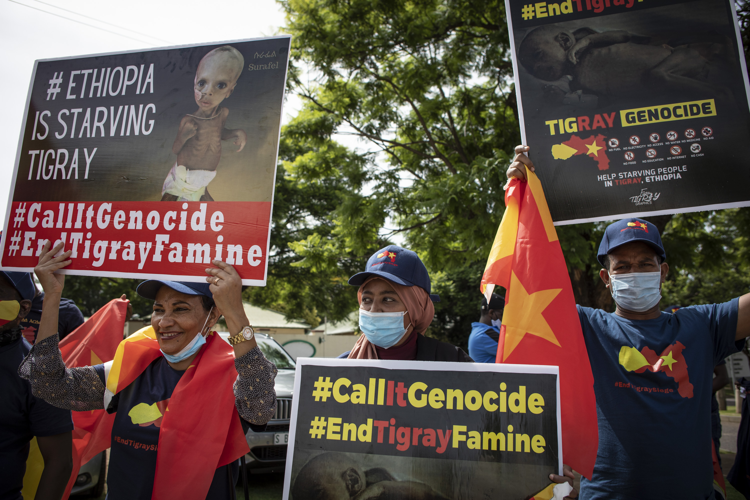Members of the Tigrayan Community in South Africa (TICASA) gather outside the United States Embassy calling for the end to their claimed genocide of the Tigray communities in Ethiopia; in Pretoria, South Africa, 26 January 2022. The protestors called for the end to the blockade of the region and the continued use of drones to target Tigray communities in their homeland.