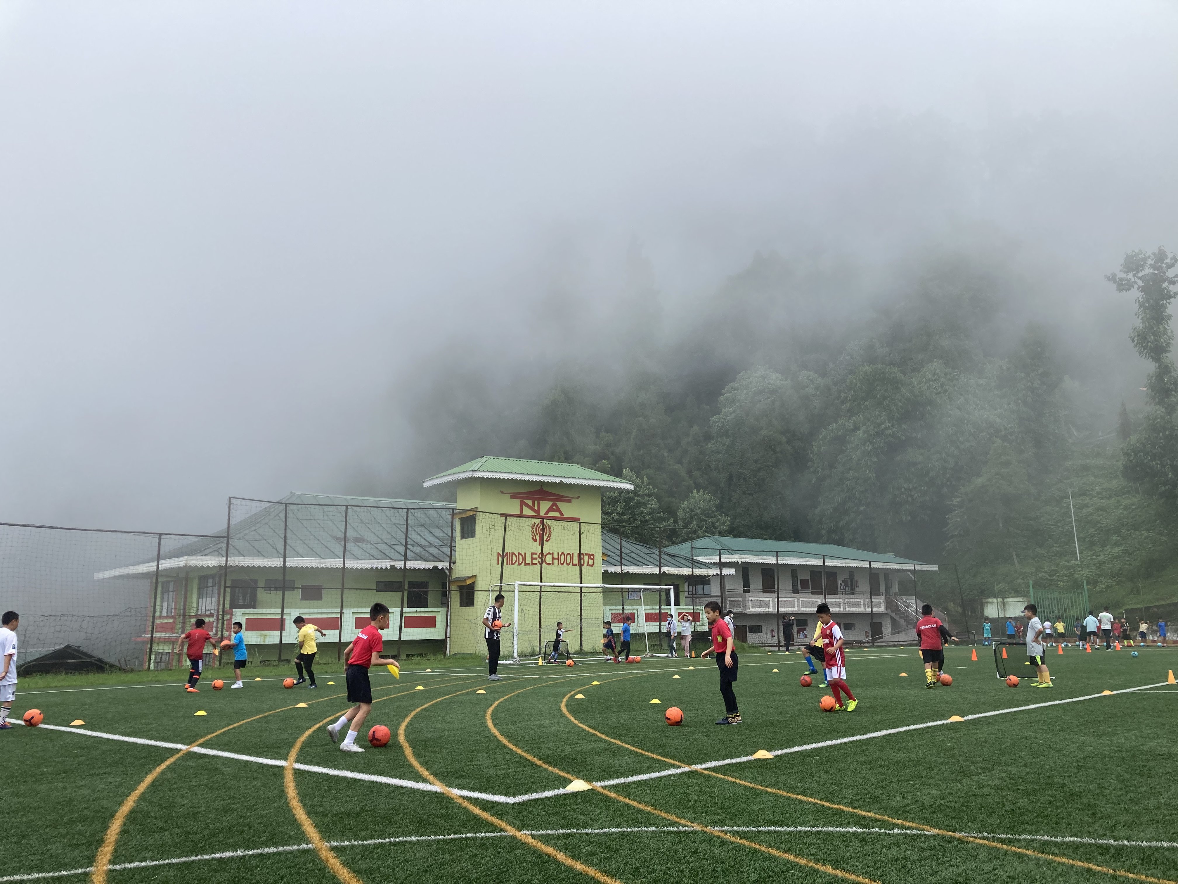 A football training session for local students is underway at the Tashi Namgyal Academy in Gangtok