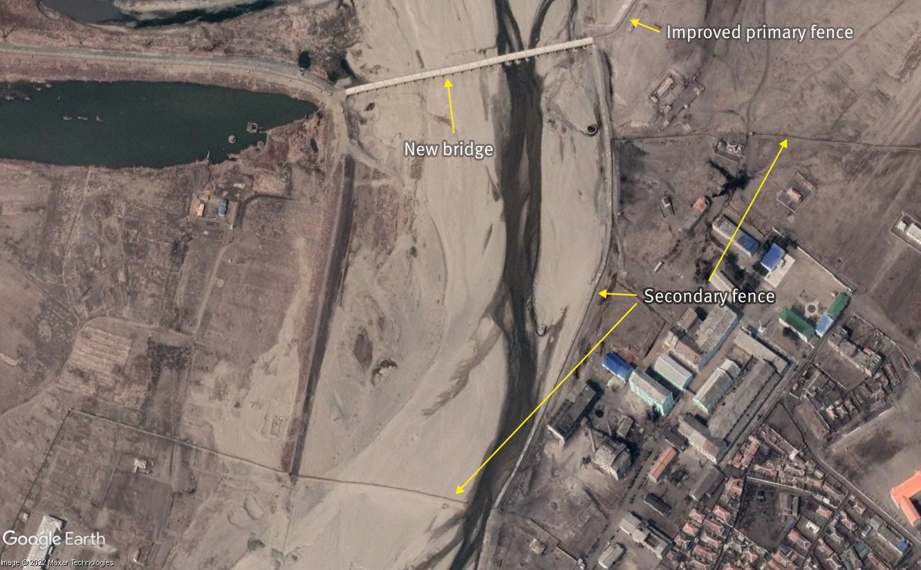 Satellite image showing a new bridge, and improved and new fencing