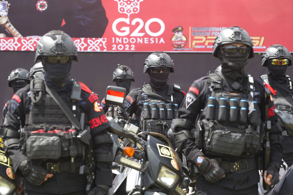 Indonesian police line up during a security parade on November 7, 2022 in preparation for the G20 meeting in Bali, Indonesia.
