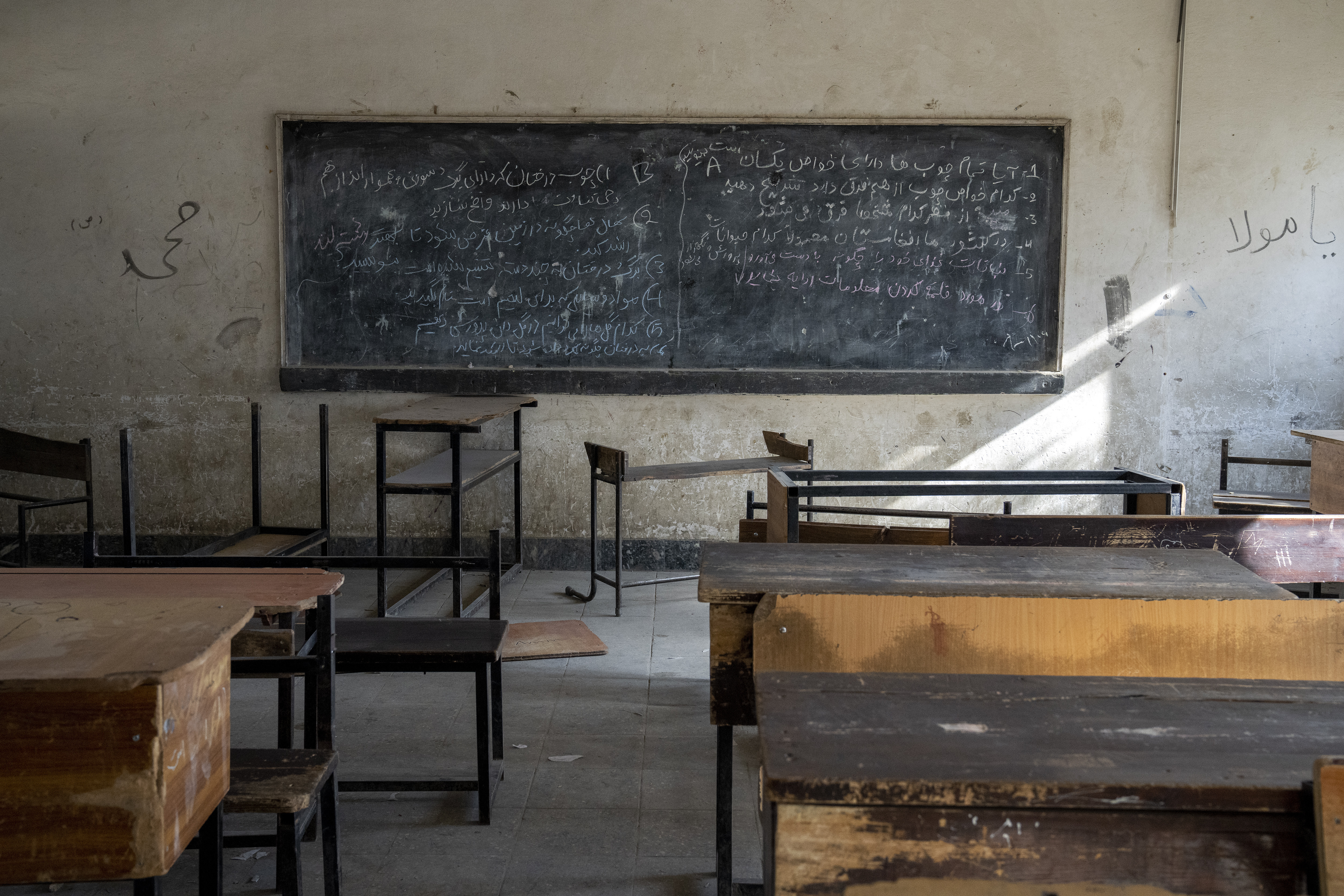 A classroom that previously was used for girls sits empty in Kabul, Afghanistan.