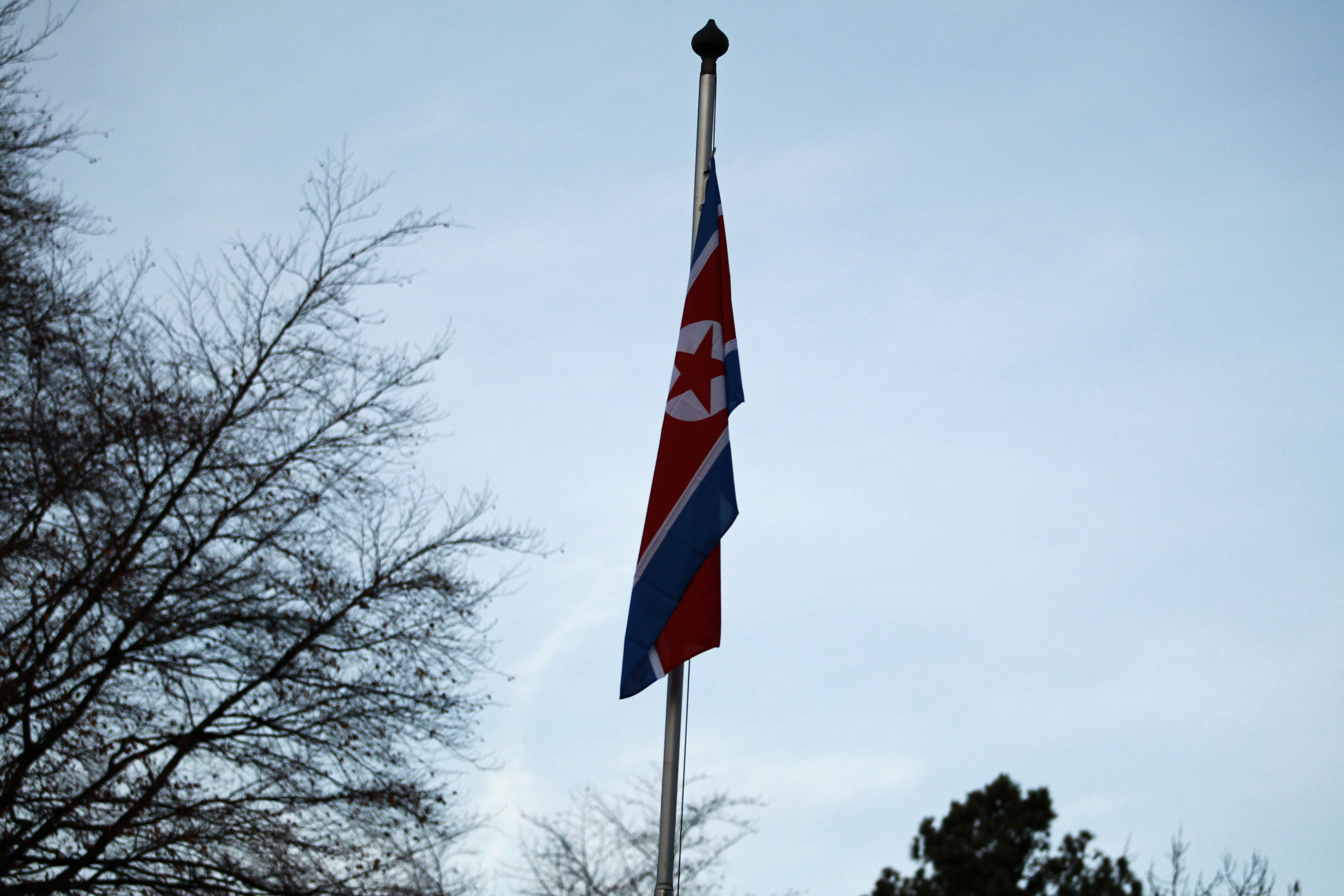 The flag of North Korea is seen in Geneva, Switzerland.