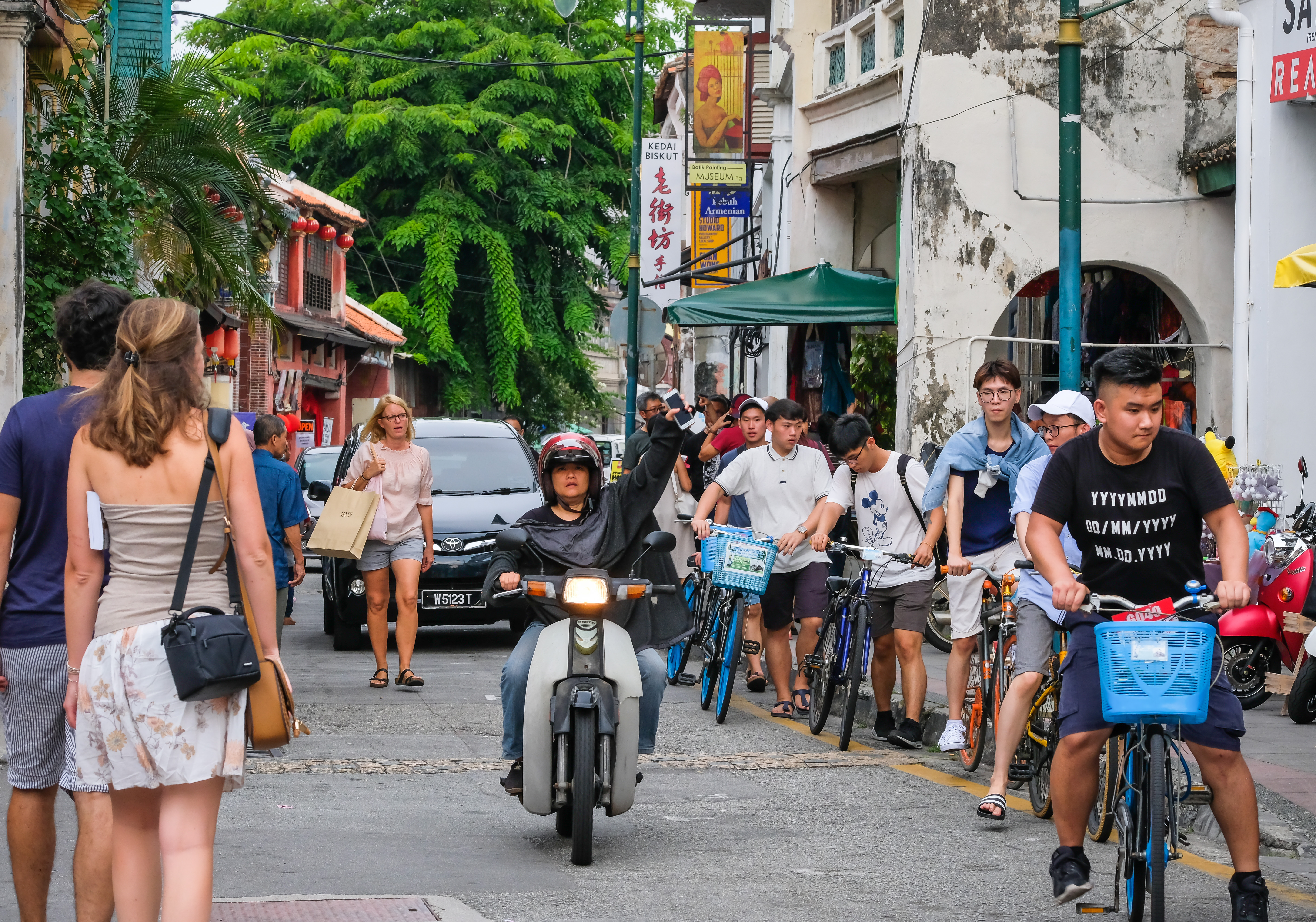 A busy street in George Town, Penang, Malaysia.