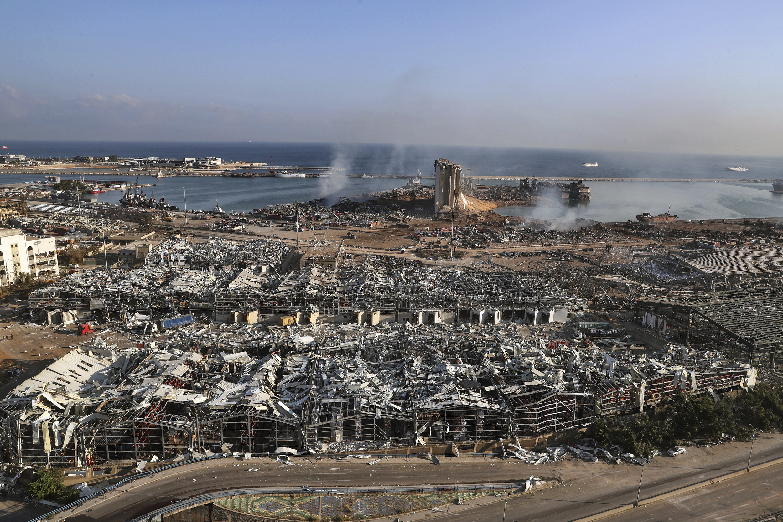 This photo shows a general view of the scene of an explosion that hit the seaport of Beirut, Lebanon