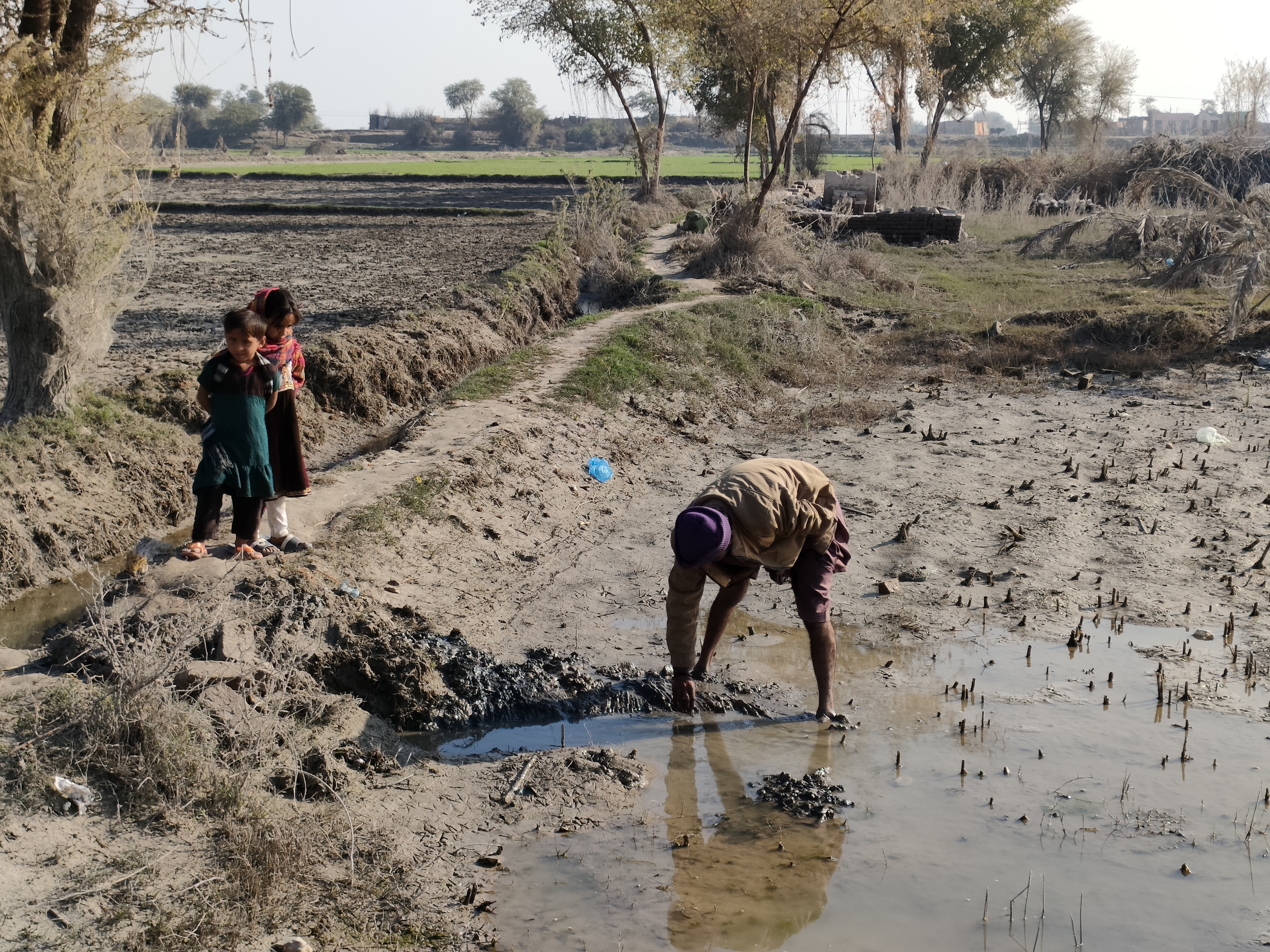 Villager Mujahid Ali dewaters his fields in the flood-hit village Gozo, Pakistan.