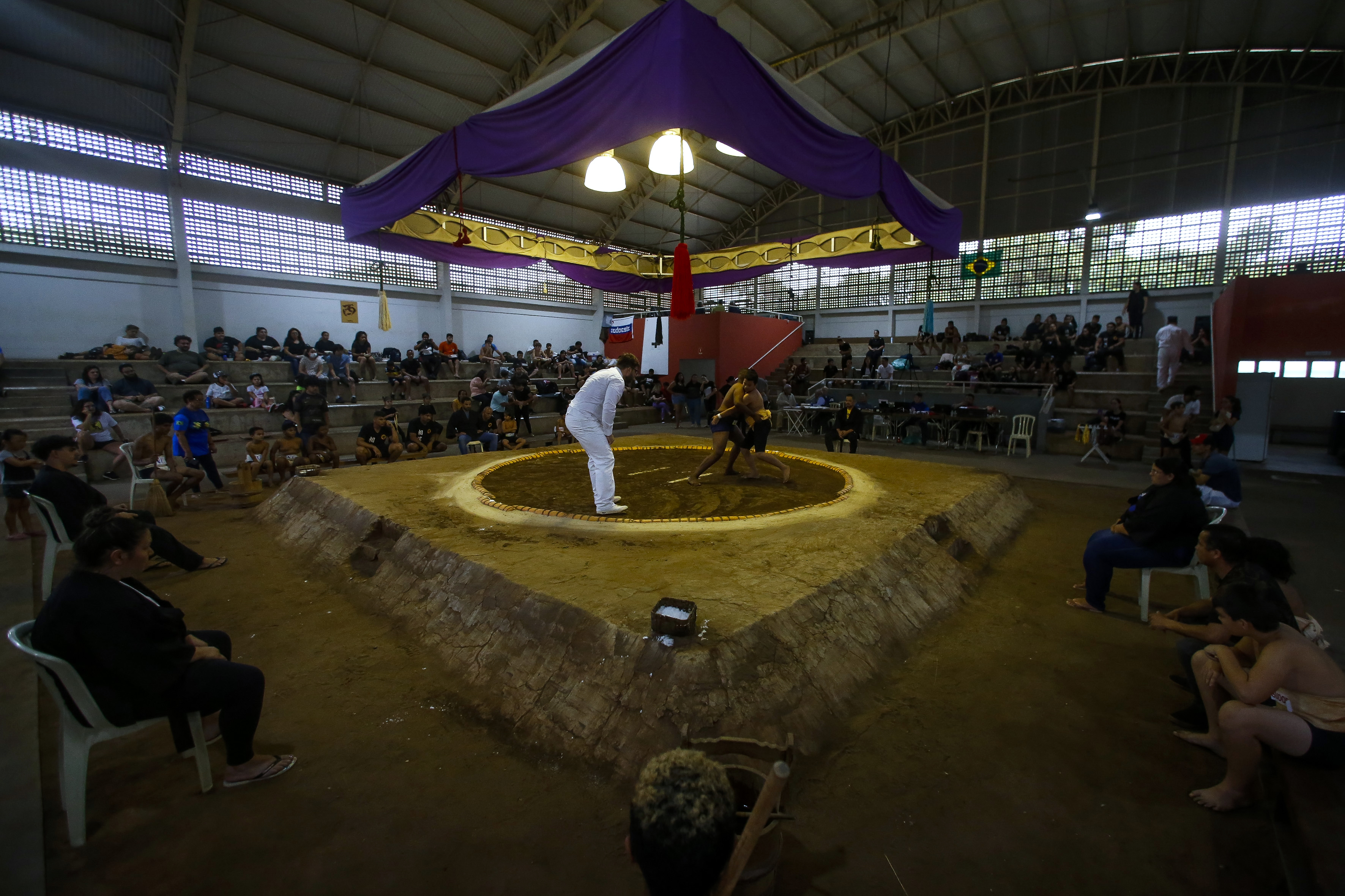 Sumo wrestlers fight during a Brazilian sumo championship bout, a qualifier for the South American championship, in Sao Paulo, Brazil