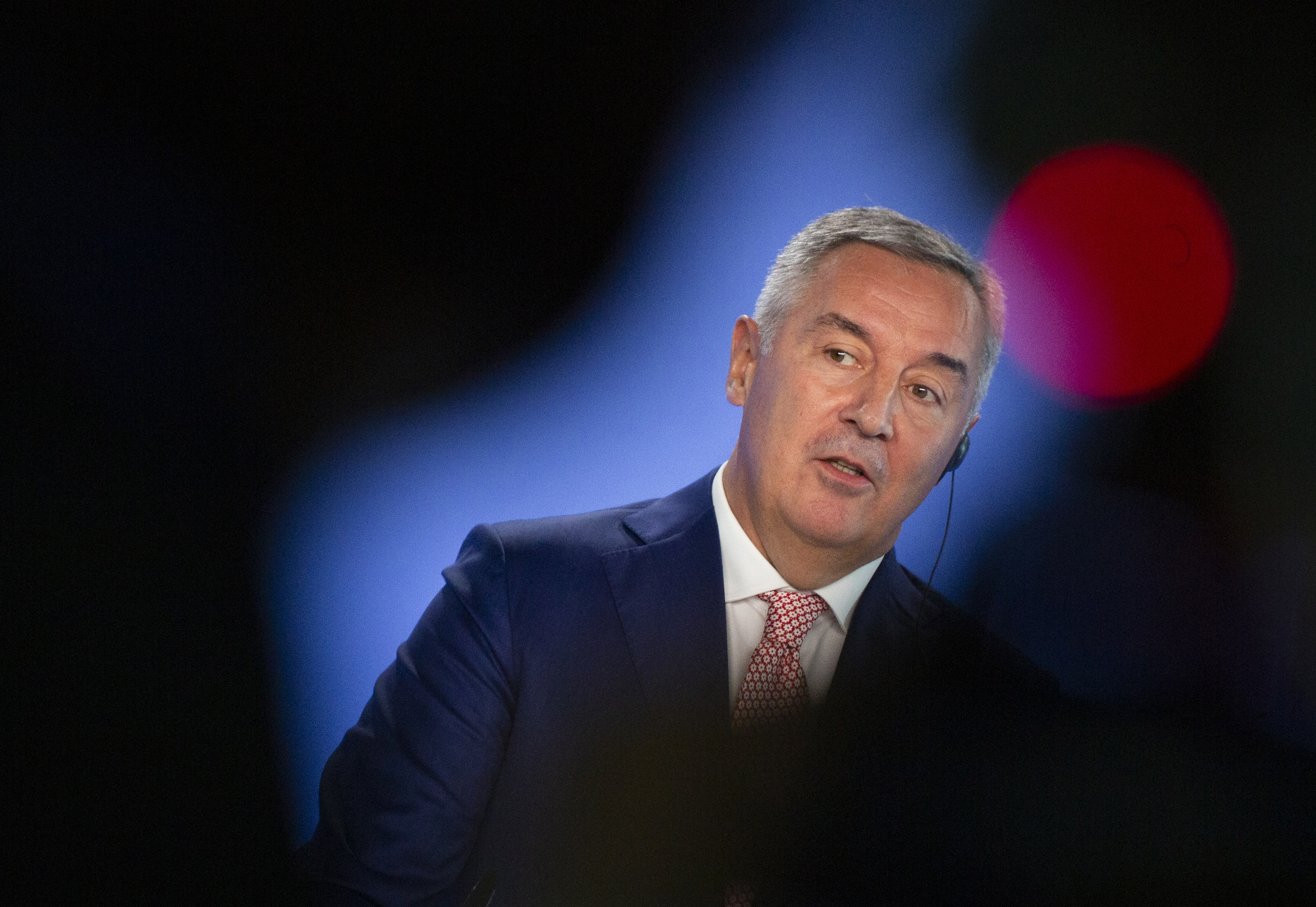 Montenegro's President Milo Dukanovic speaks during a media conference after a meeting with NATO Secretary General Jens Stoltenberg at NATO headquarters in Brussels on Tuesday, May 18, 2021. (AP Photo/Virginia Mayo, Pool)