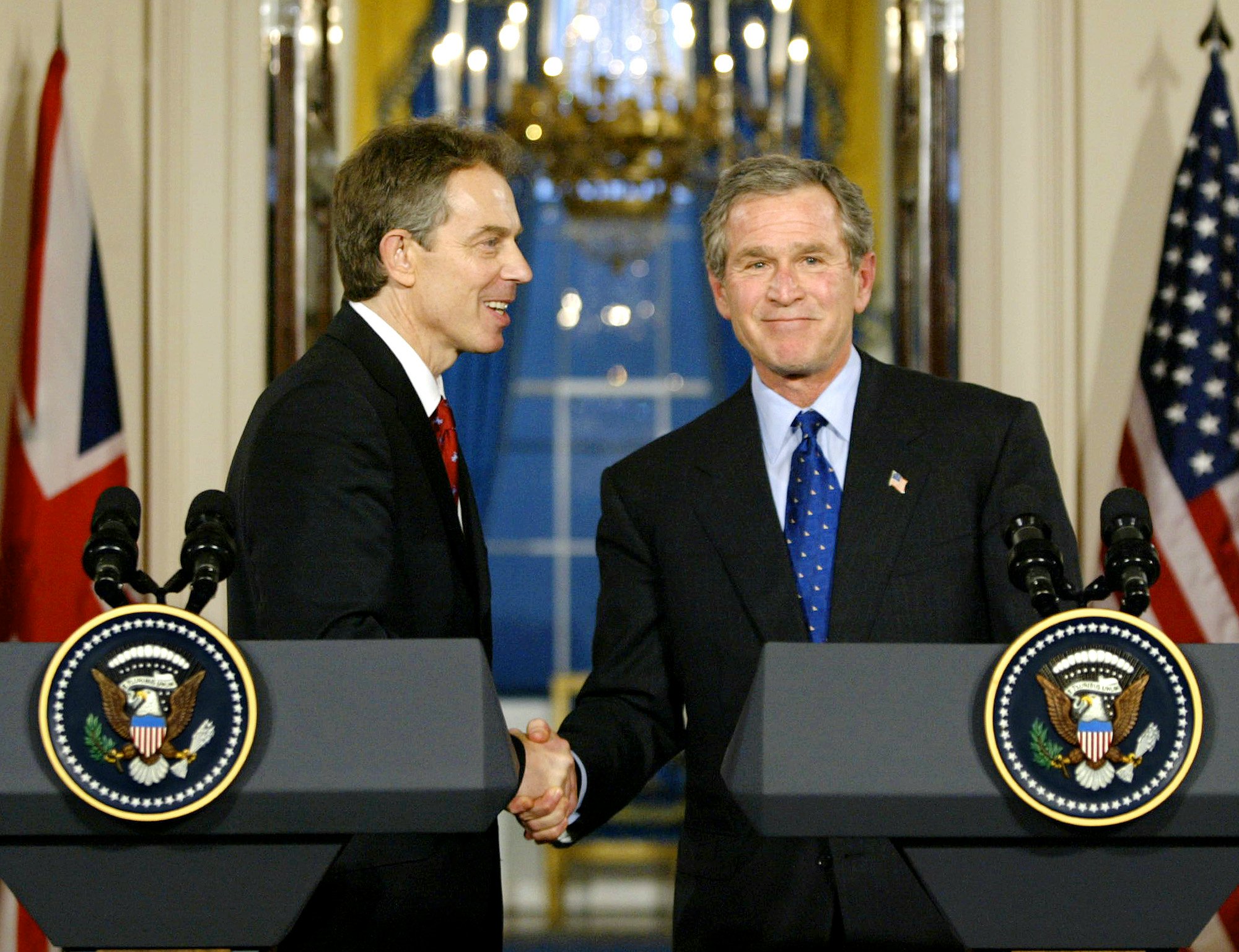 President Bush shakes hands with British Prime Minister Tony Blair