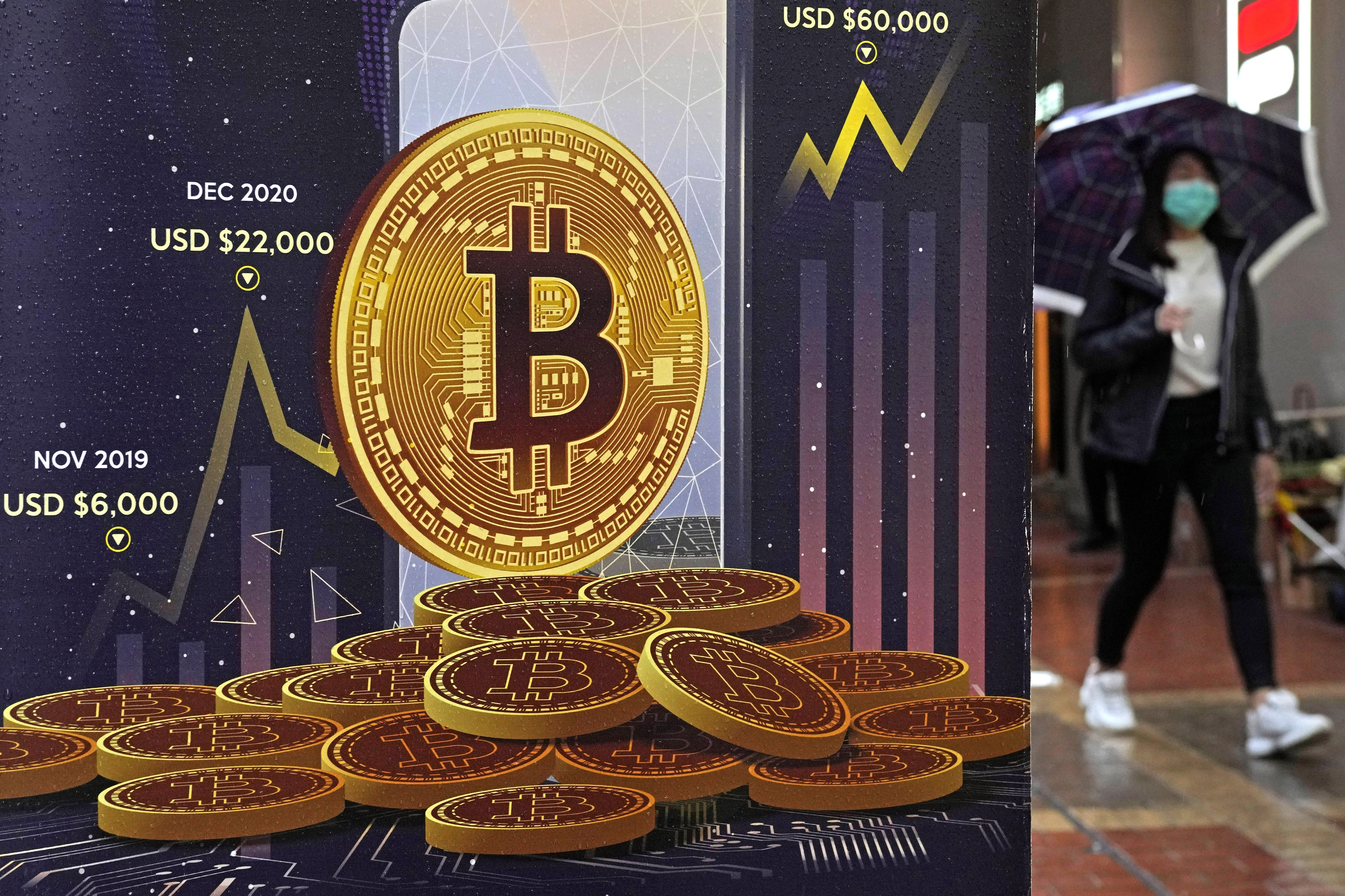 An advertisement for Bitcoin is displayed on a street in Hong Kong, China.