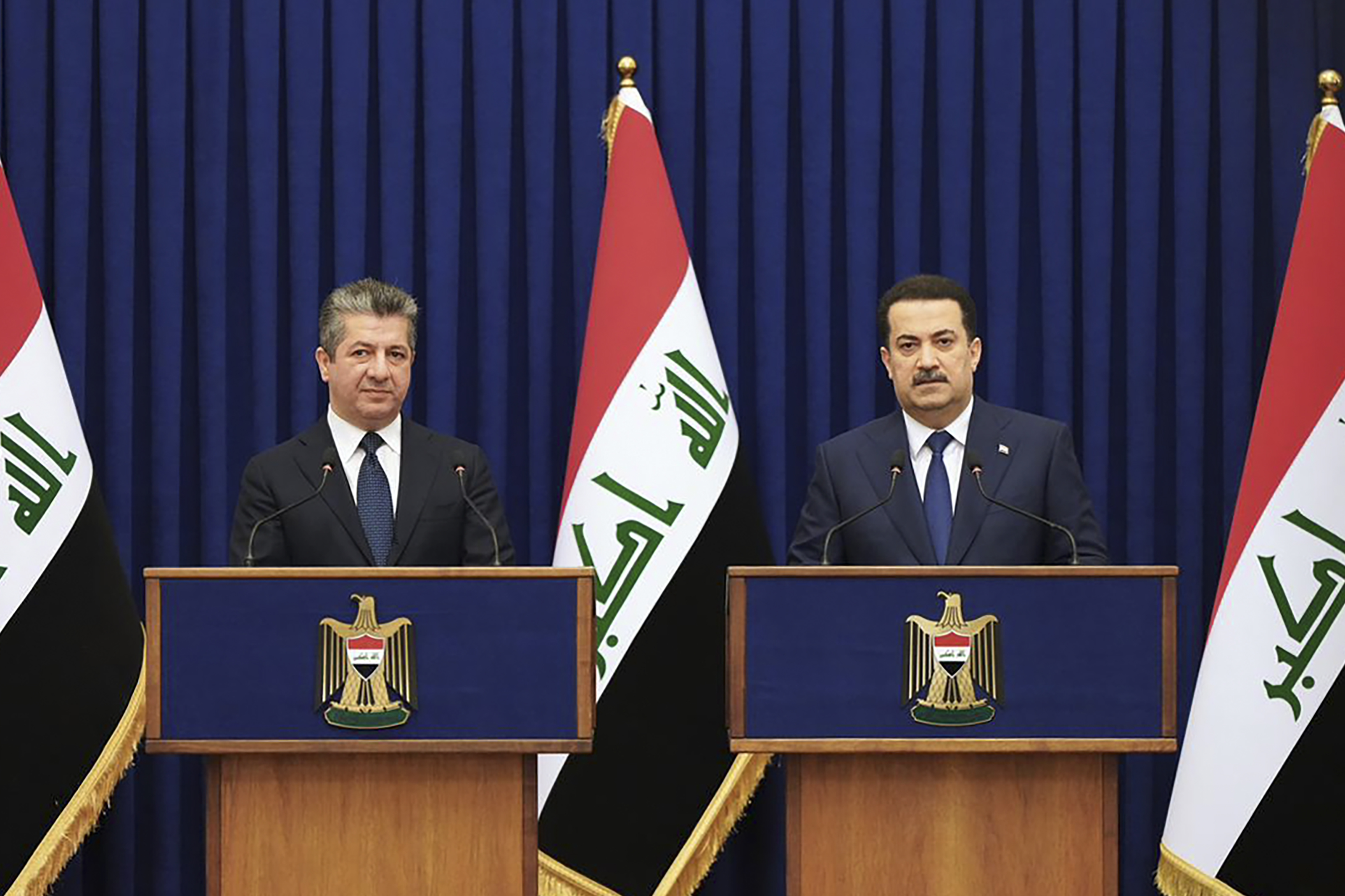 Prime Minister Mohammed Shia al-Sudani holding a joint press conference with his Kurdish counterpart Masrour Barzani