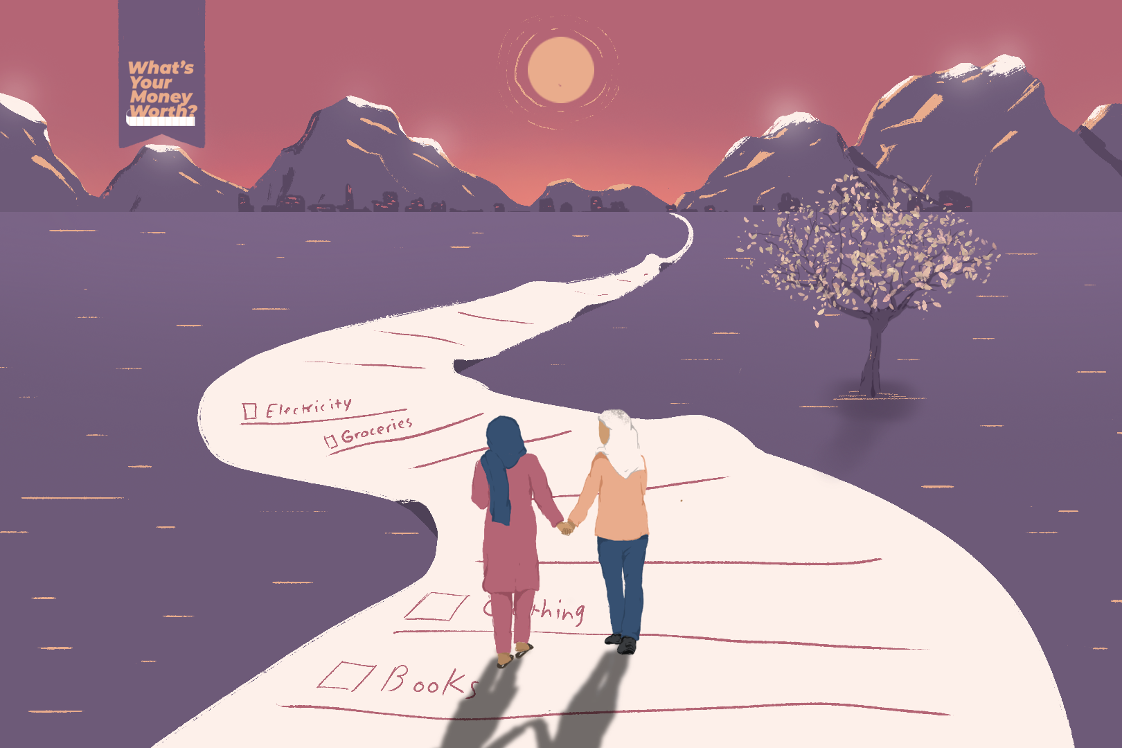 A photo of two people holding hands walking along a road made of a long receipt.