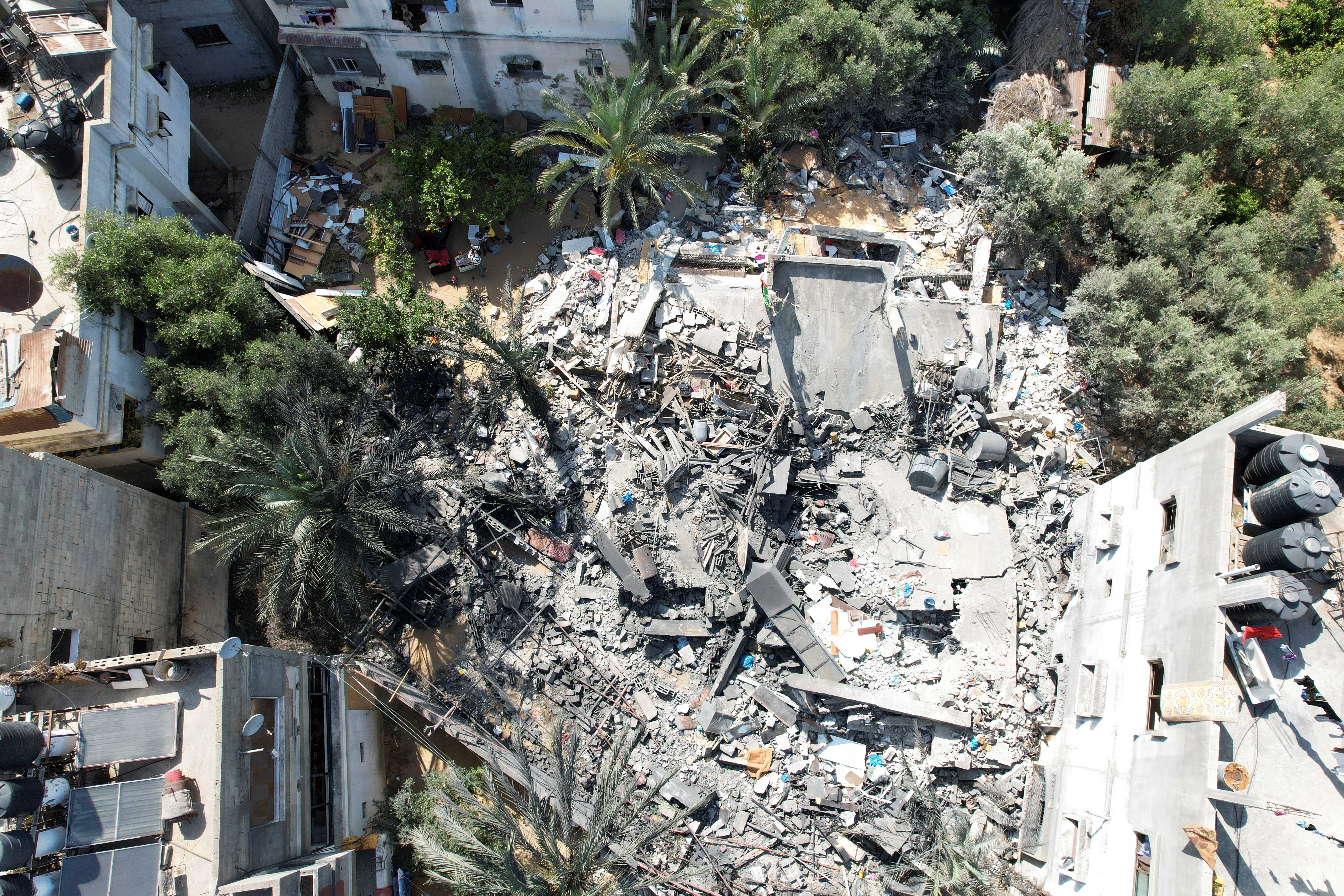 A view of a Palestinian house destroyed by Israeli airstrikes
