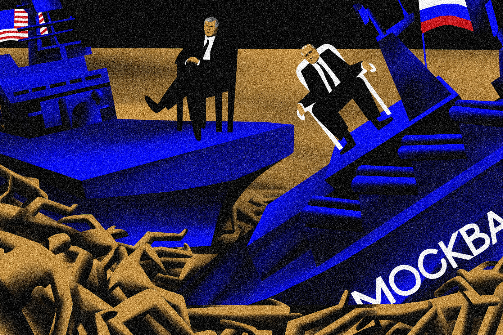 An illustration showing former US President George W Bush and Russian President Vladimir Putin on board ships trapped in quagmires, represented by bodies of dead civilians.