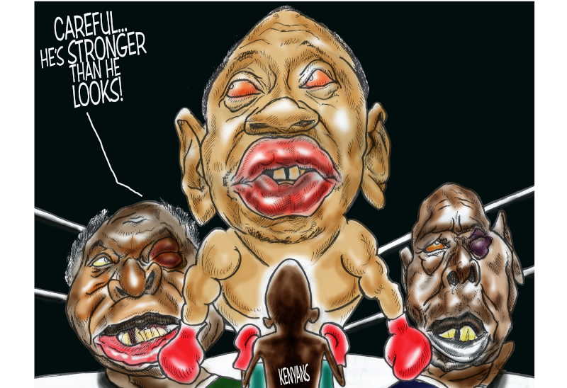 Patrick Gathara cartoon showing Kenyan leaders facing the Kenyan people in the boxing ring
