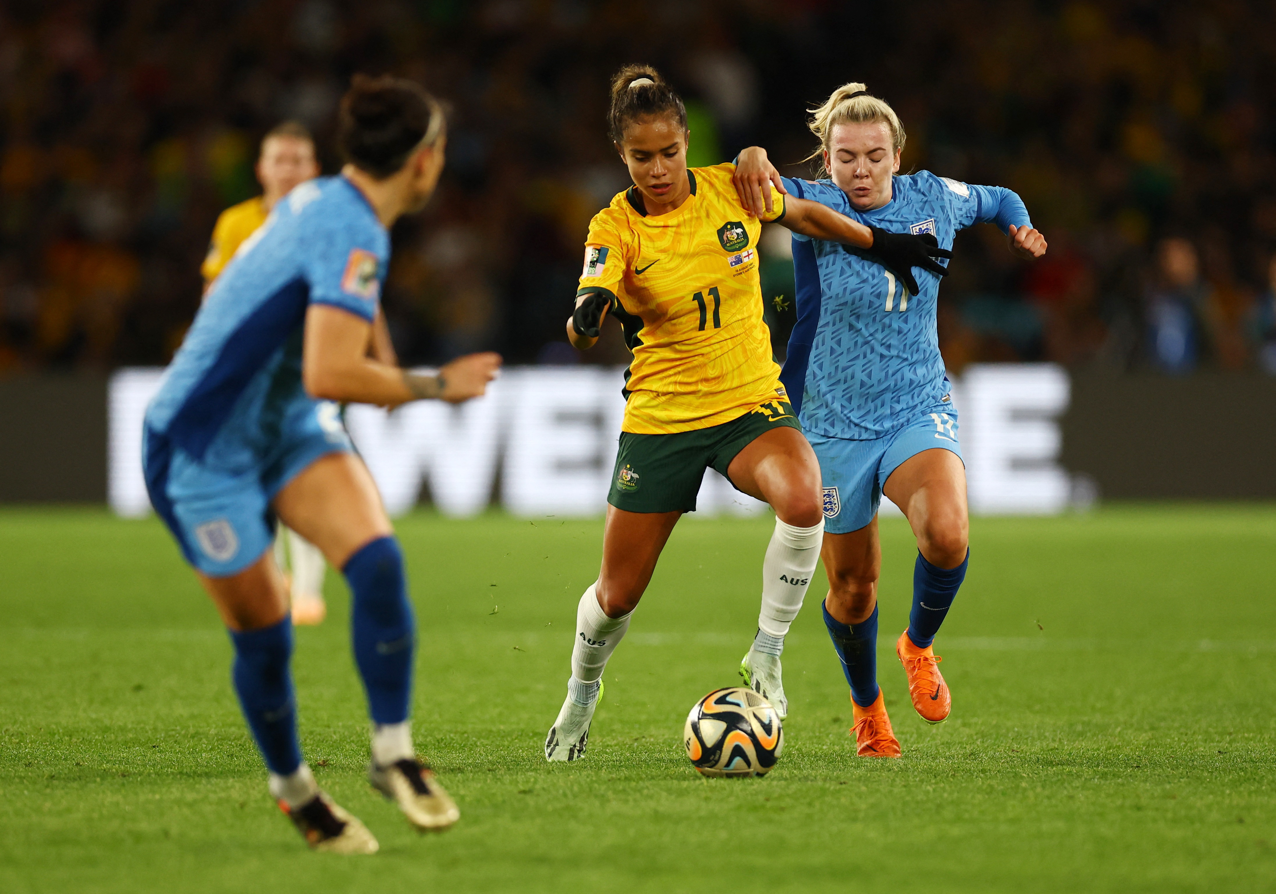 FIFA Women’s World Cup Australia and New Zealand 2023 - Semi Final - Australia v England - Stadium Australia, Sydney, Australia - August 16, 2023 Australia's Mary Fowler in action with England's Lauren Hemp