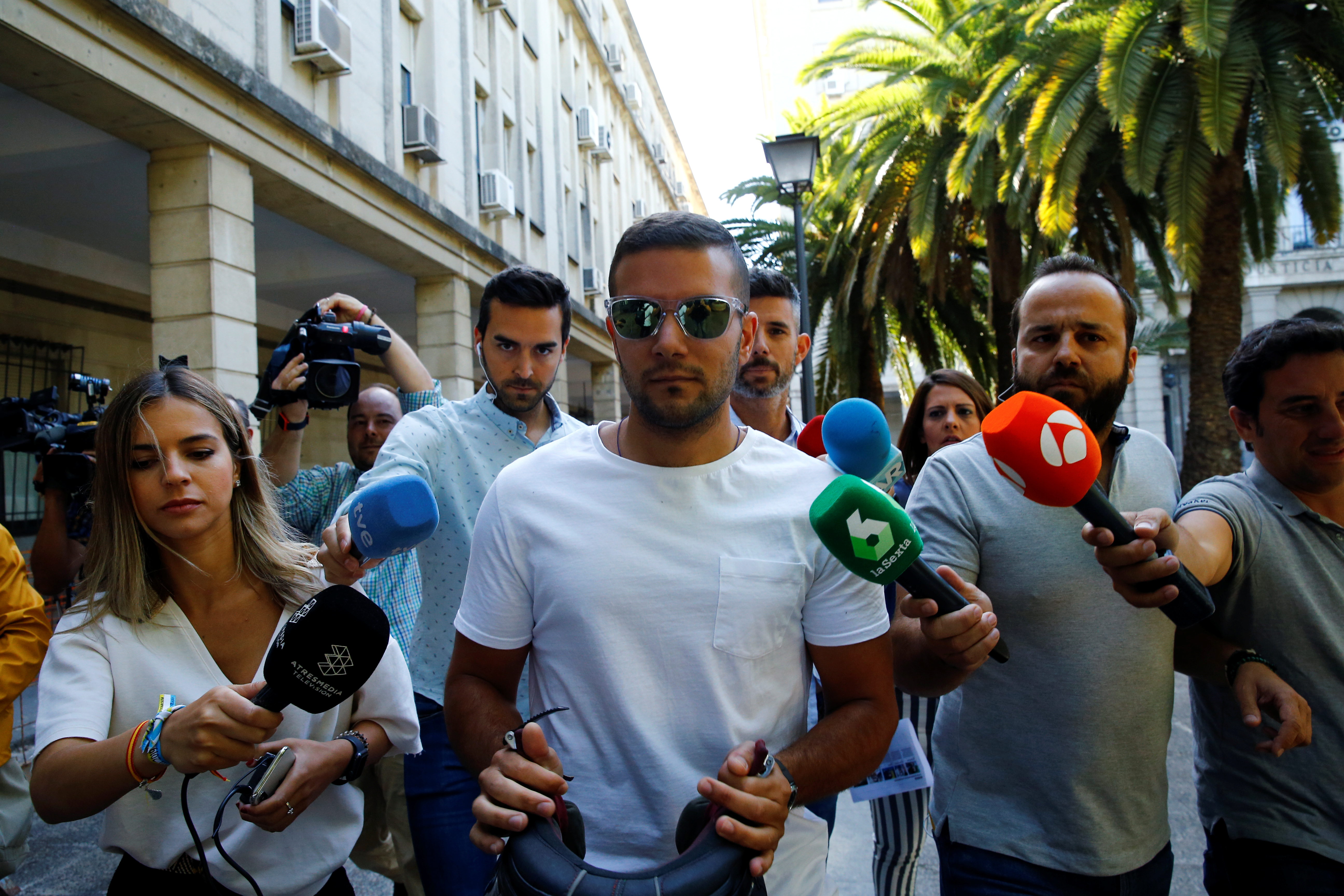 Angel Boza, a member of the group known as La Manada ("The Wolf Pack"), exits a courthouse in Seville, Spain