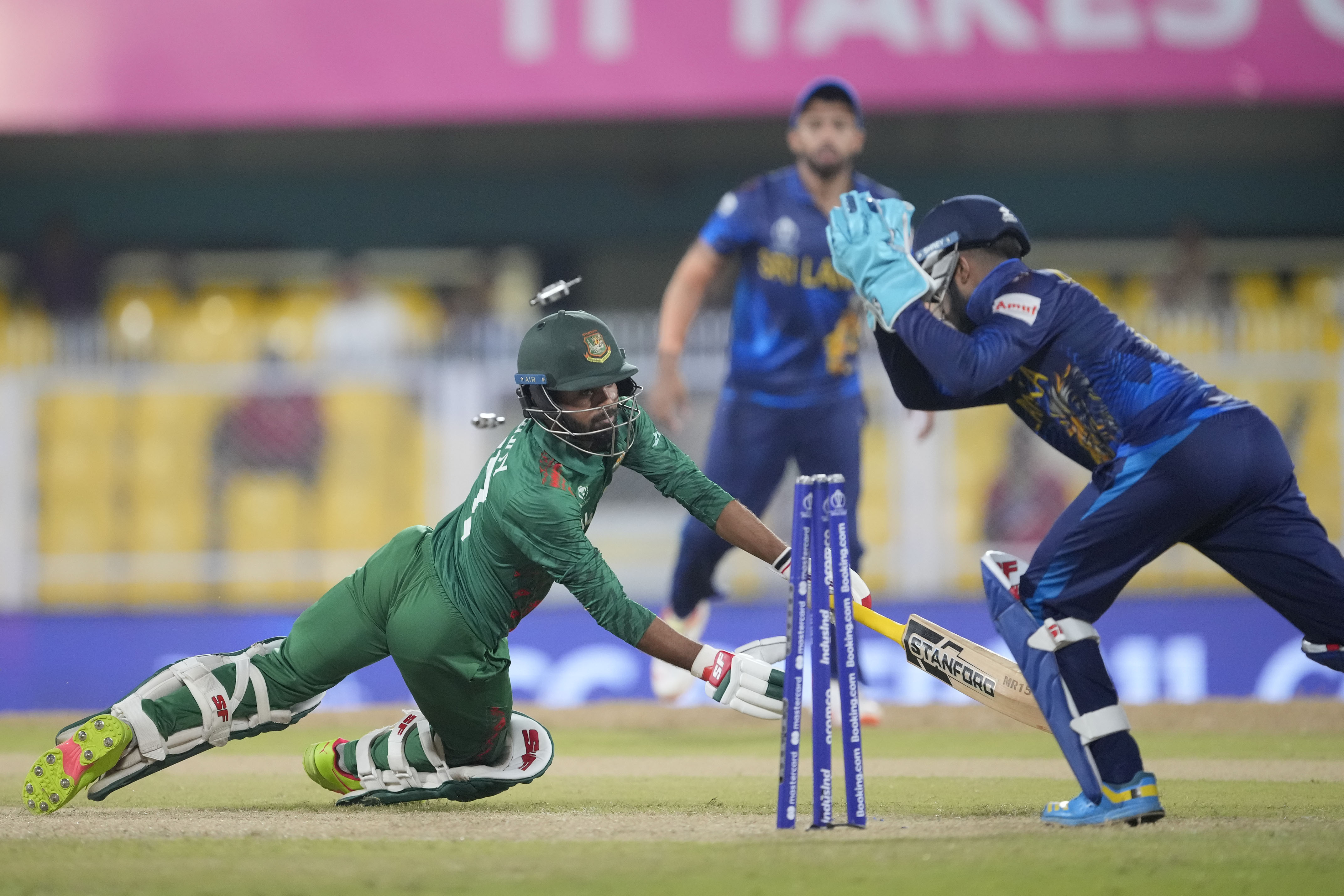 Bangladesh's Towhid Hridoy is dismissed during the ICC Cricket World Cup warm up match between Bangladesh and Sri Lanka