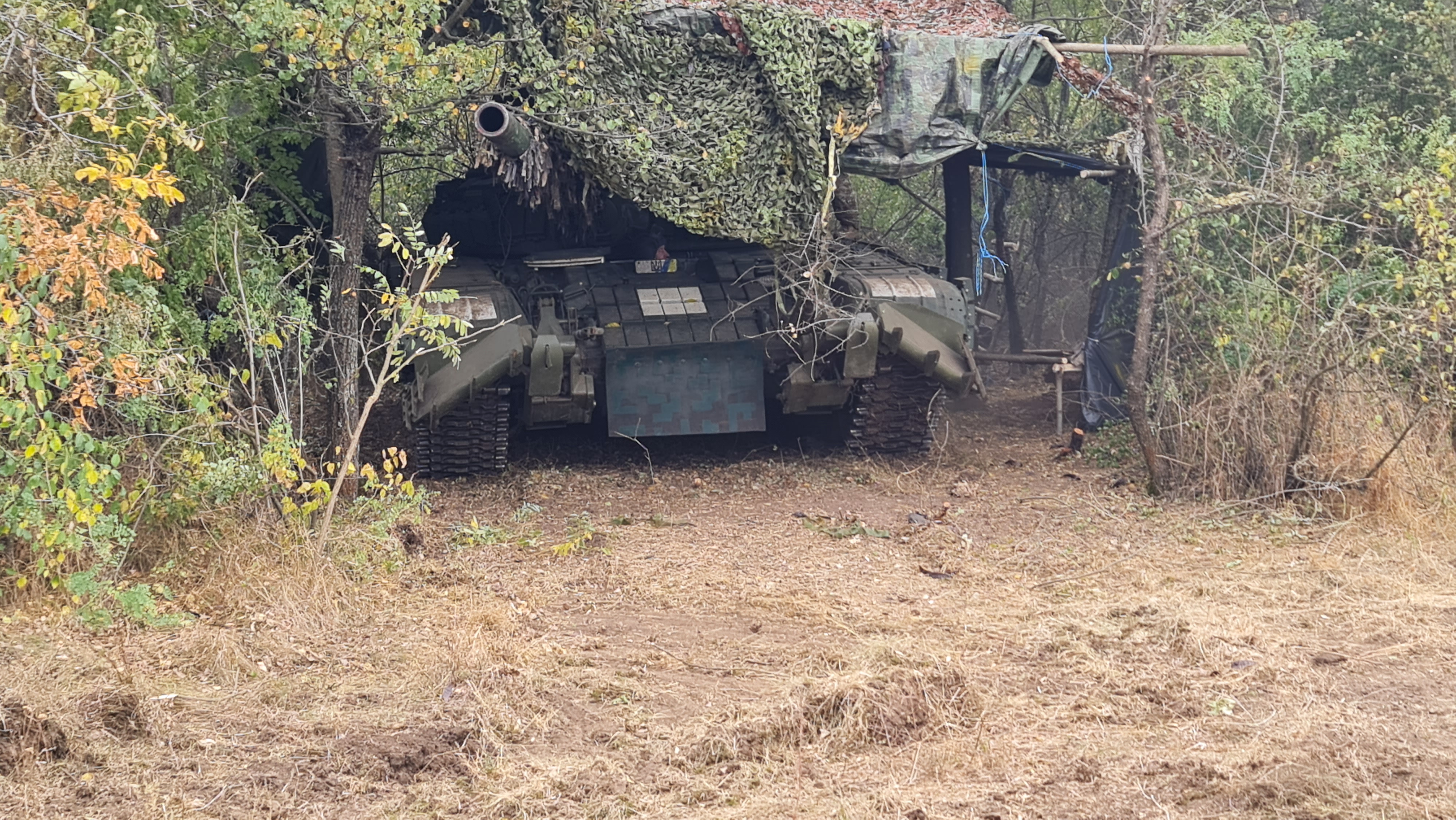A photo of a tank in between bushes with a blanket to camouflage it on top.