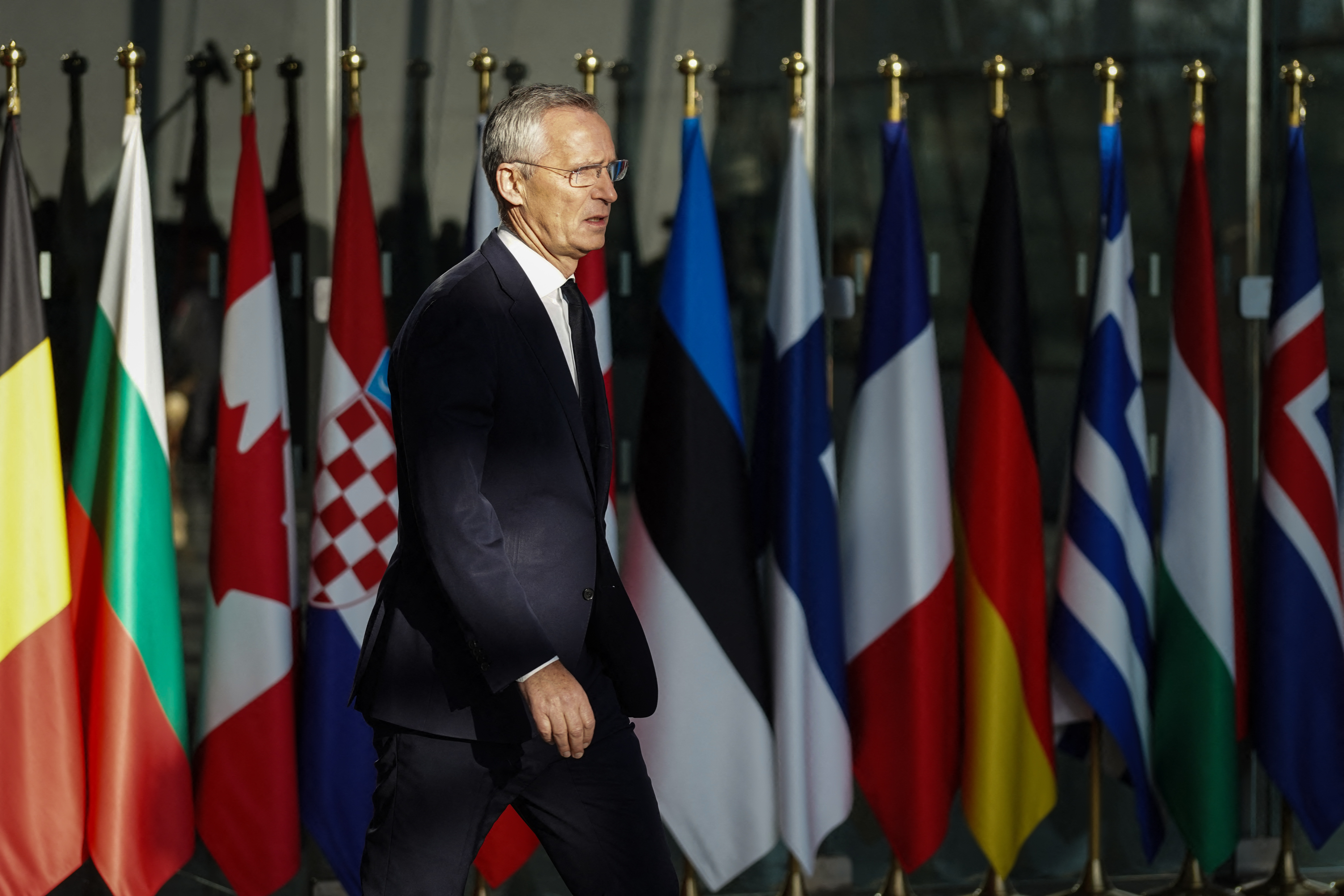 Secretary General of NATO Jens Stoltenberg arrives to give a statement ahead of a Nato Foreign ministers meeting at the organisation's headquarters in Brussels, on November 28, 2023. (Photo by SIMON WOHLFAHRT / AFP)