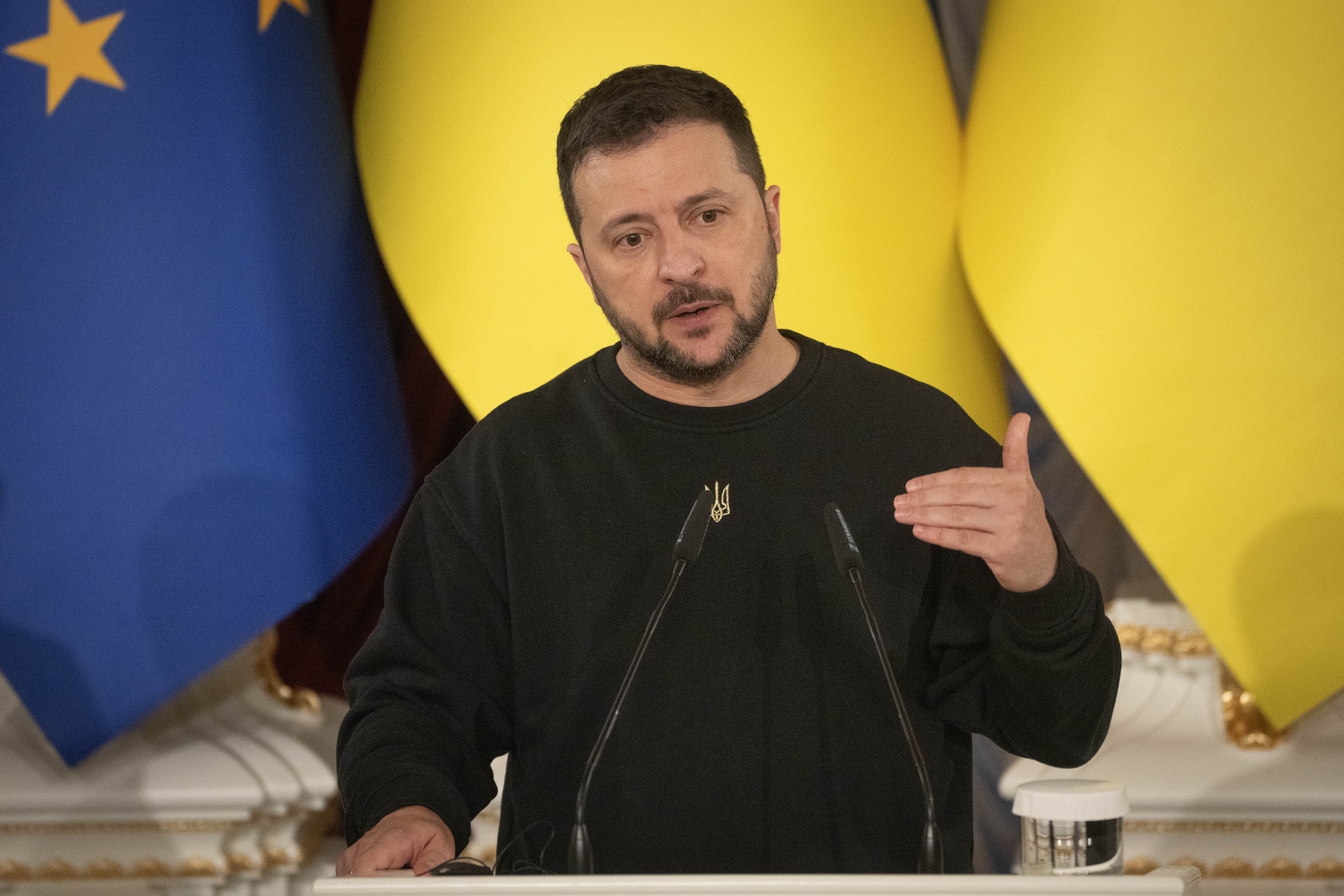 Ukrainian President Volodymyr Zelenskyy speaks during a joint press conference with European Council President Charles Michel and President of Moldova Maia Sandu in Kyiv, Ukraine, Tuesday, Nov. 21, 2023. (AP Photo/Efrem Lukatsky)