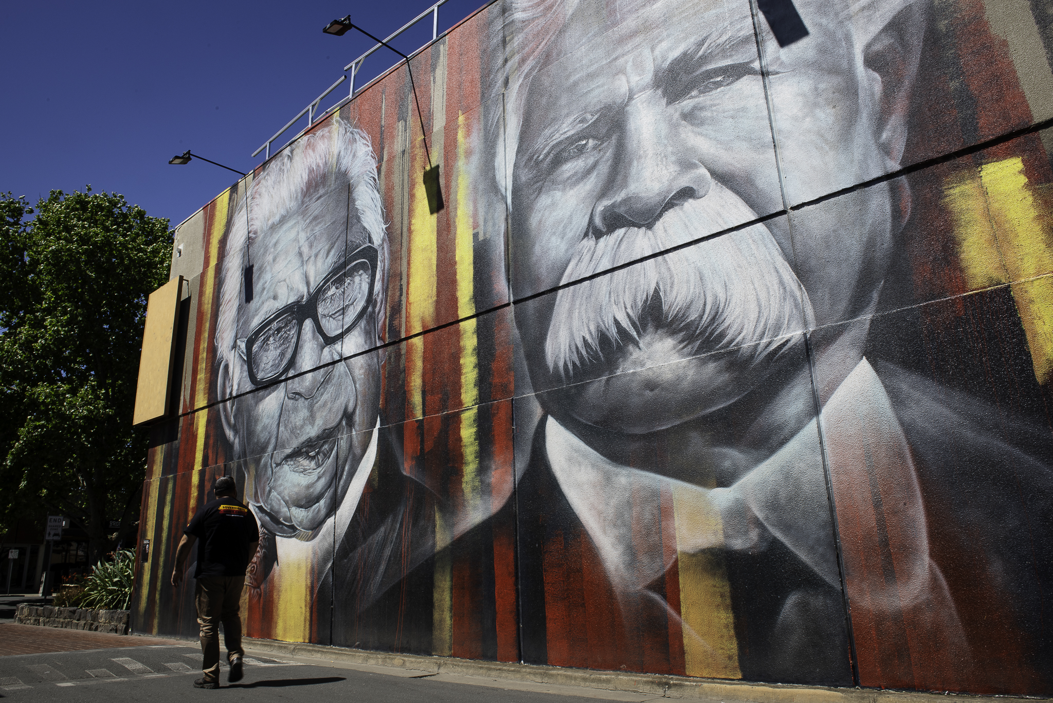 A street mural of Shepparton legends Sir Doug Nicholls (left) and William Cooper
