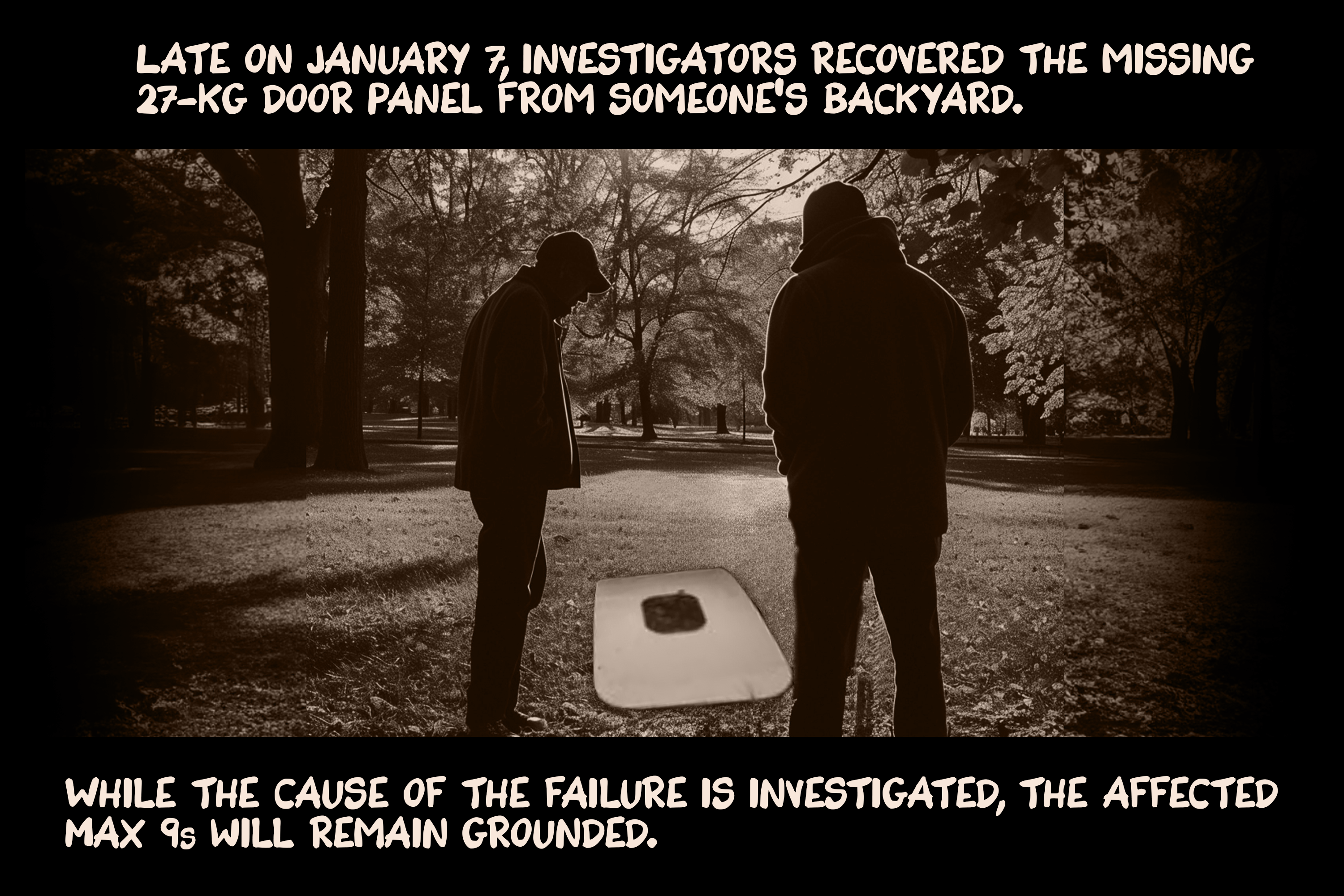 Late on January 7, investigators recovered the missing 27-kg door panel from someone’s backyard. While the cause of the failure is investigated, the affected Max 9s will remain grounded.