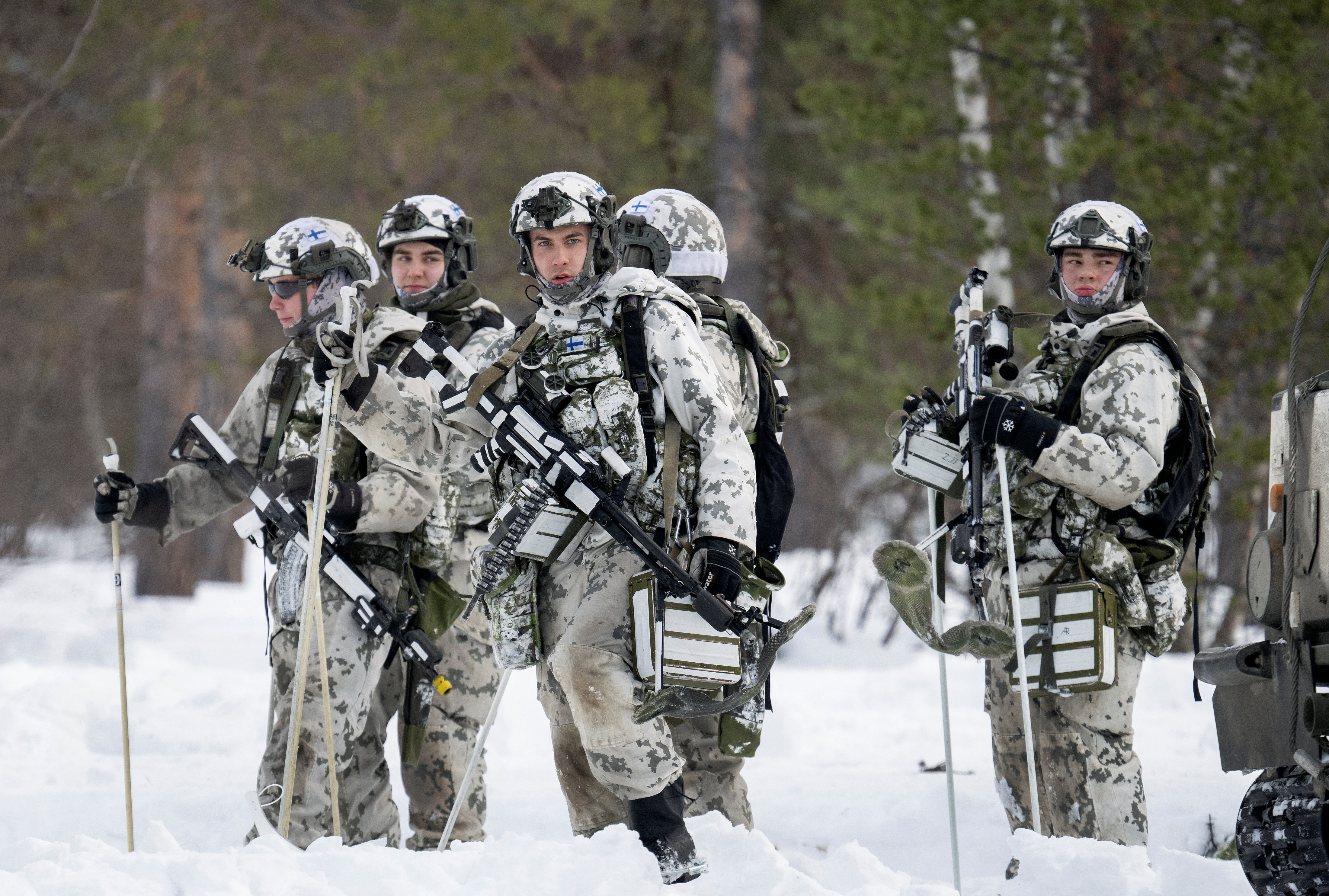 Finnish hunter soldiers attend training with Swedish units as part of a NATO Nordic Response exercise, in Hetta, Finland, on March 5, 2024 [Anders Wiklund/TT News Agency via Reuters]