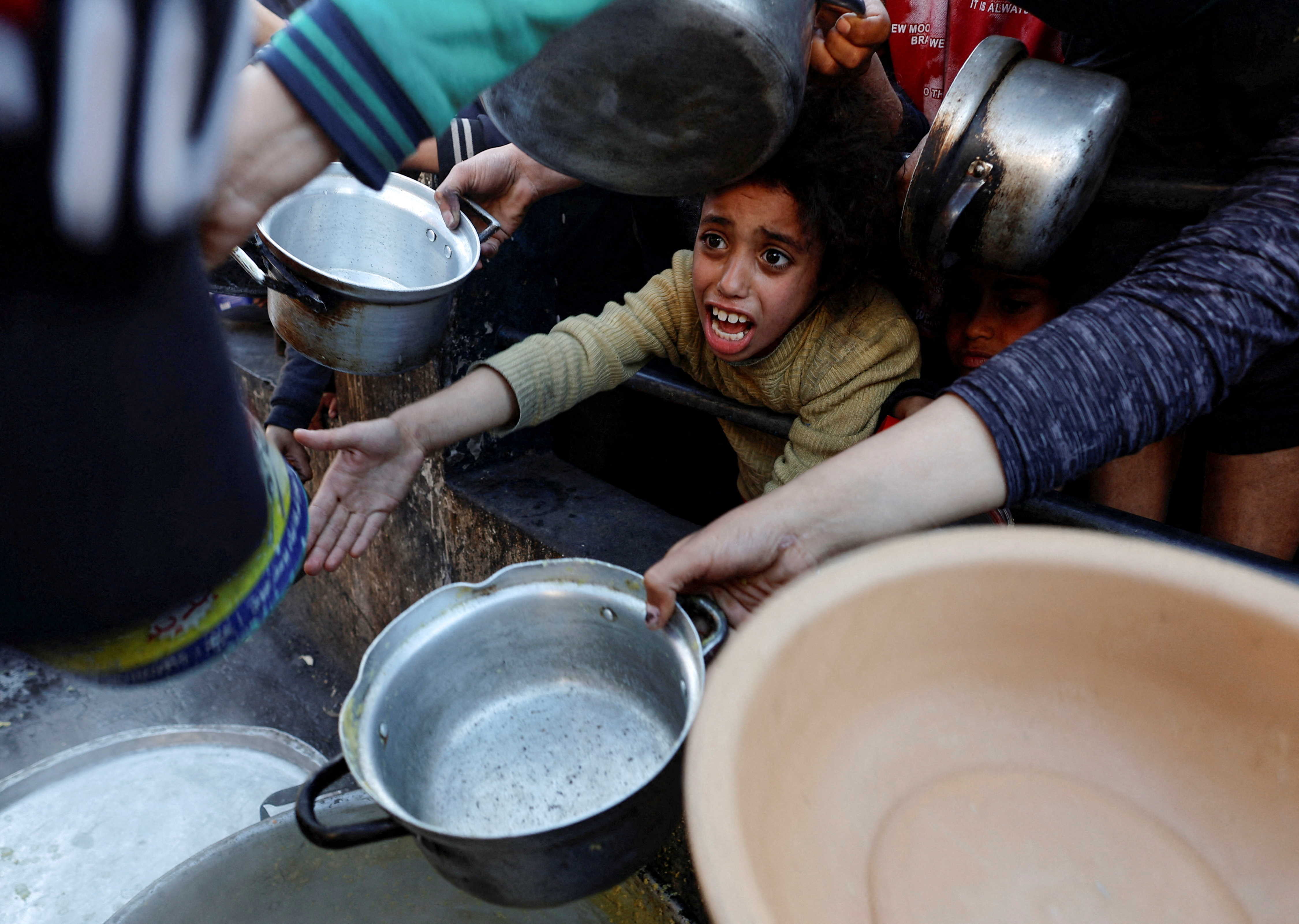 Palestinians wait to receive food