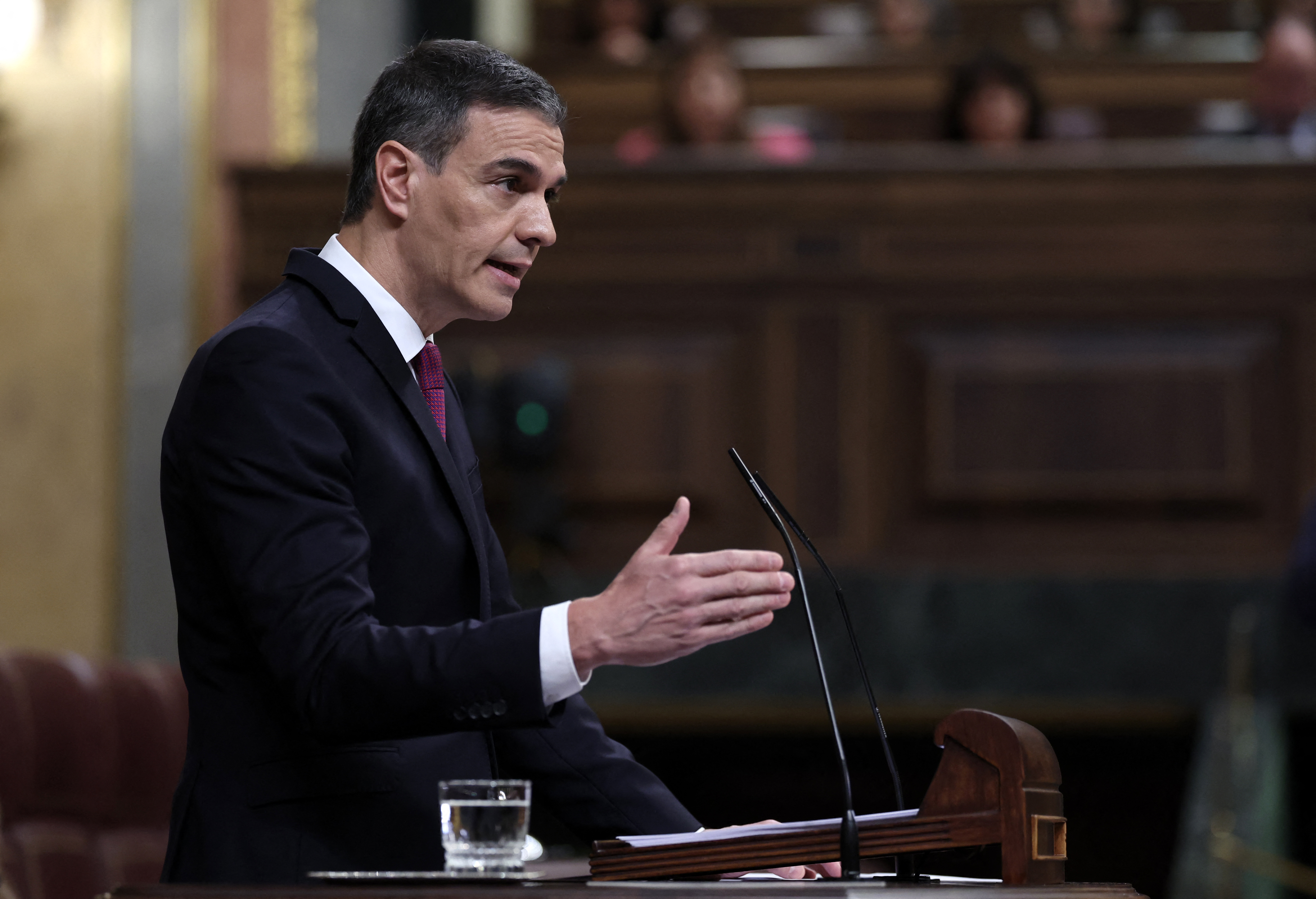 Prime Minister Pedro Sanchez addresses Spain&#039;s parliament in the Congress of Deputies in Madrid on April 10, 2024 [Thomas Coex/AFP]
