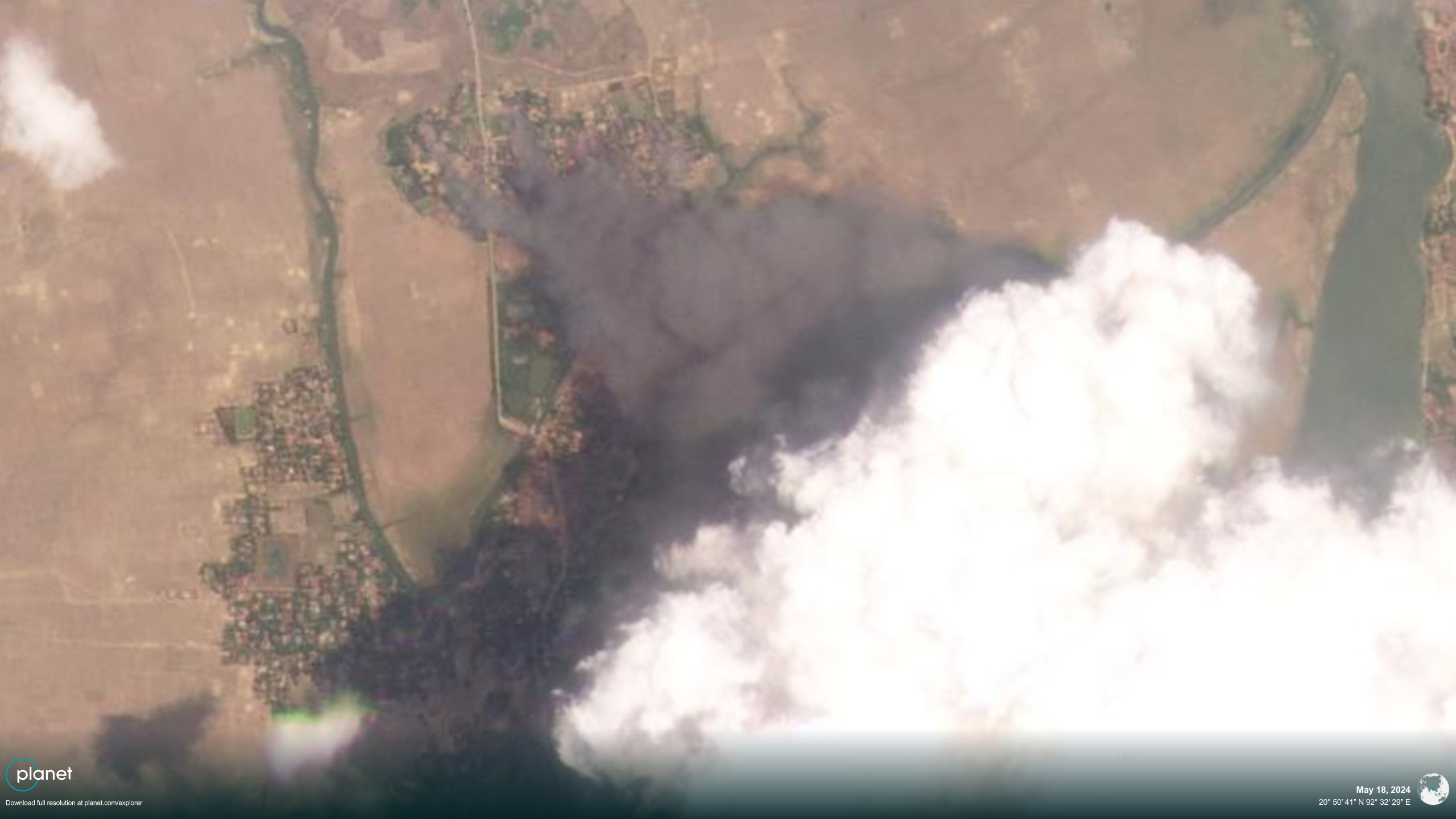 Satellite imagery shows black smoke rising from villages near Buthidaung in Rakhine state
