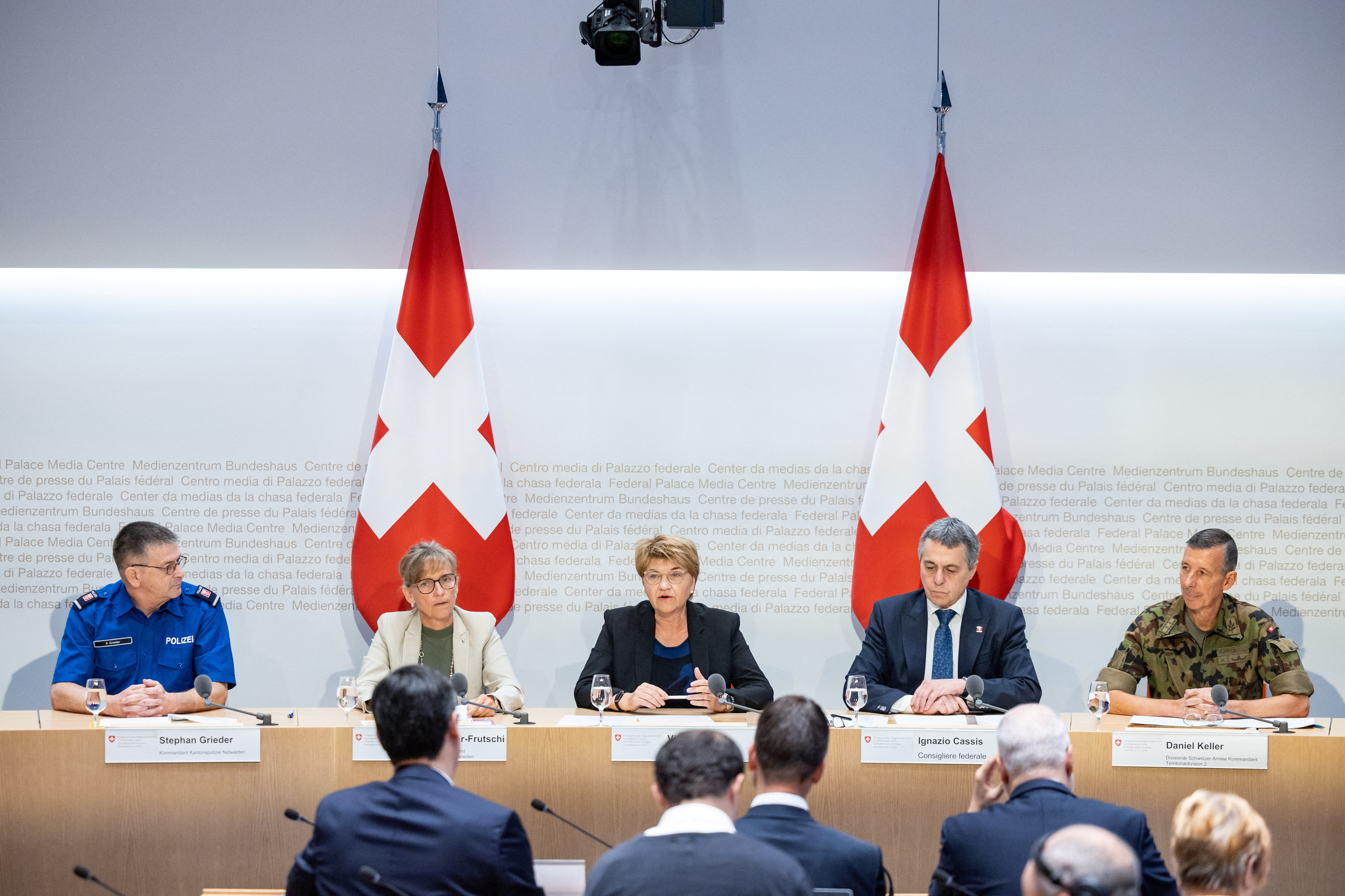 Swiss government and military officials attend a news conference to brief media ahead of the country&#039;s June 15-16 peace summit for Ukraine, in Bern, Switzerland, June 10, 2024 [Pierre Albouy/Reuters]