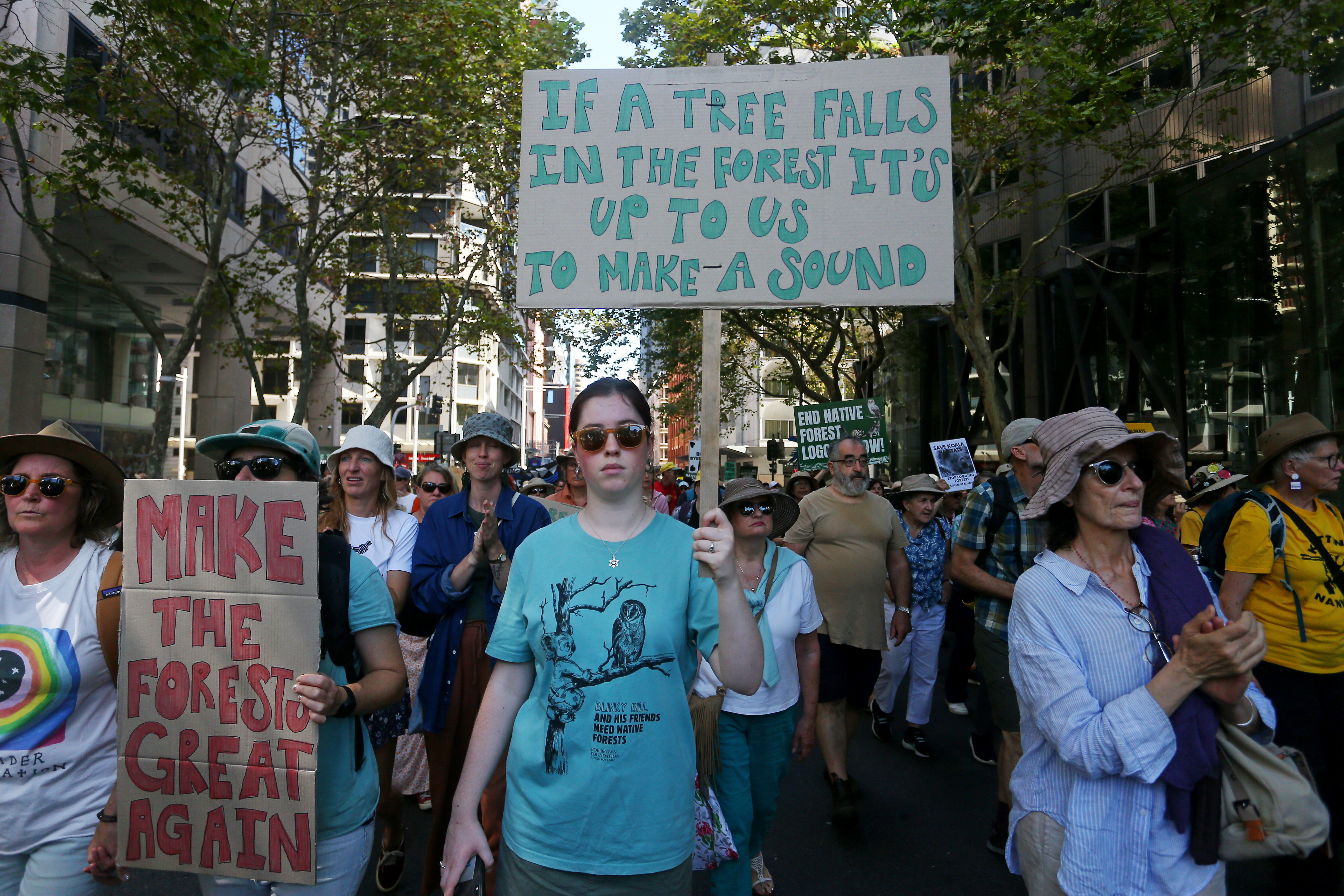 Activists take part in &quot;March In March For Forests&quot; on March 24, 2024 in Sydney, Australia. The &quot;March in March for Forests&quot; is a nationwide mass mobilisation event organised by the Bob Brown Foundation to advocate for the protection of native forests. This event aims to raise awareness about the urgent need to end native forest logging and promote conservation efforts to safeguard wild nature and biodiversity. [Lisa Maree Williams/Getty Images]