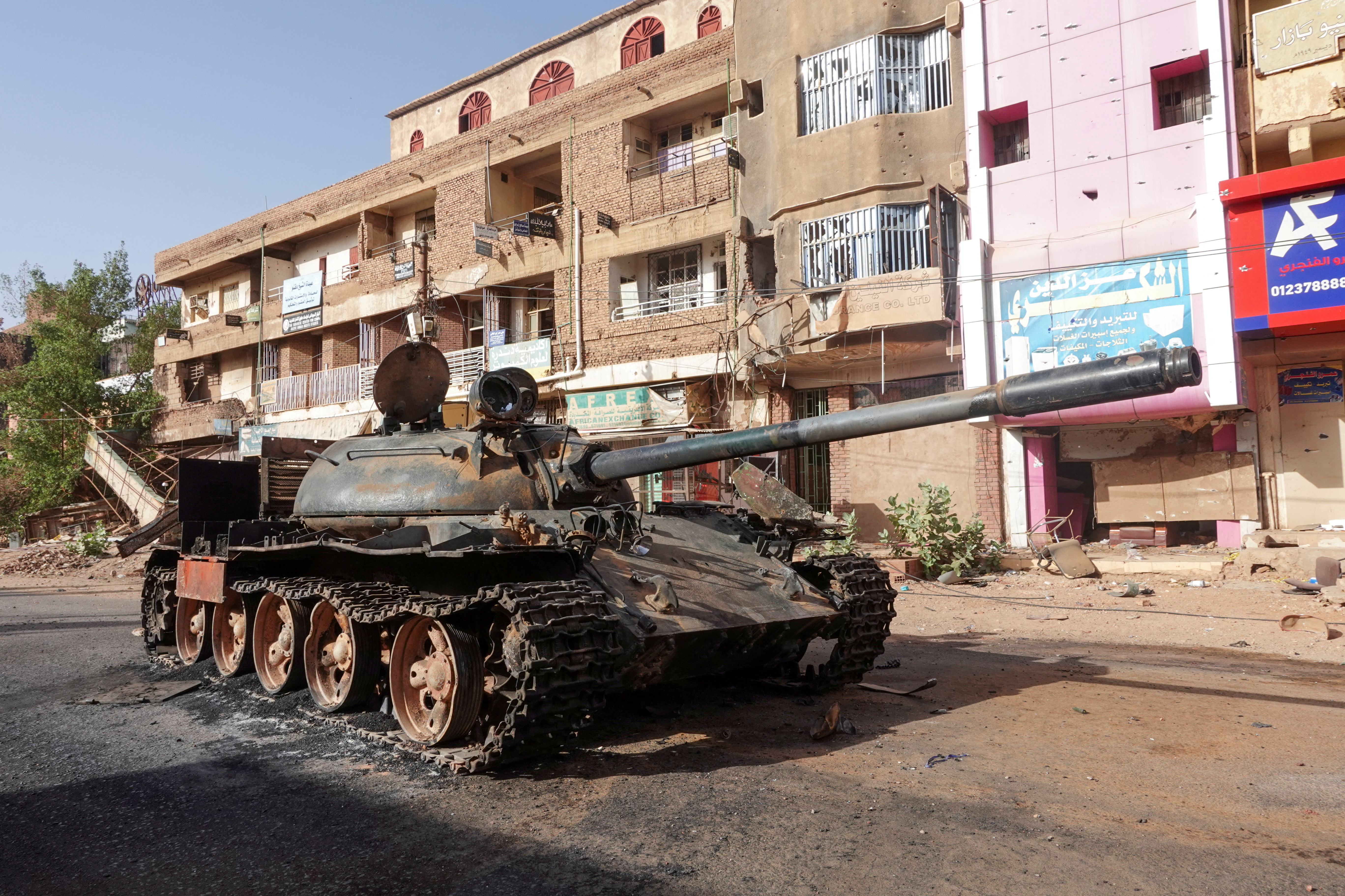 A damaged army tank almost one year into the war between the Sudanese Armed Forces and the paramilitary Rapid Support Forces