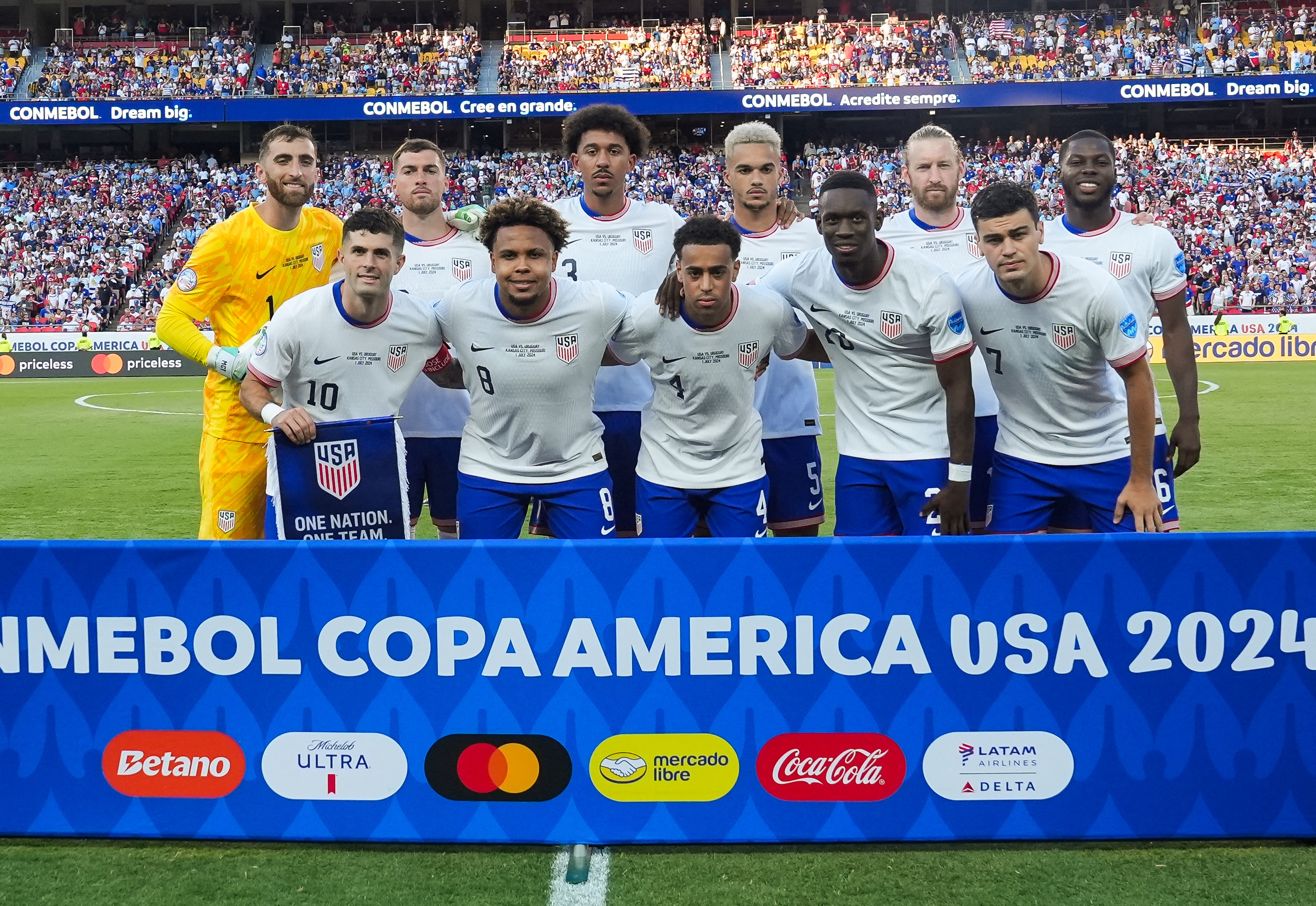 The United States' starting 11 pose for a photo prior to a Copa America match against Uruguay at Arrowhead Stadium, in Kansas City, Missouri, on July 1, 2024 [Jay Biggerstaff/USA TODAY]