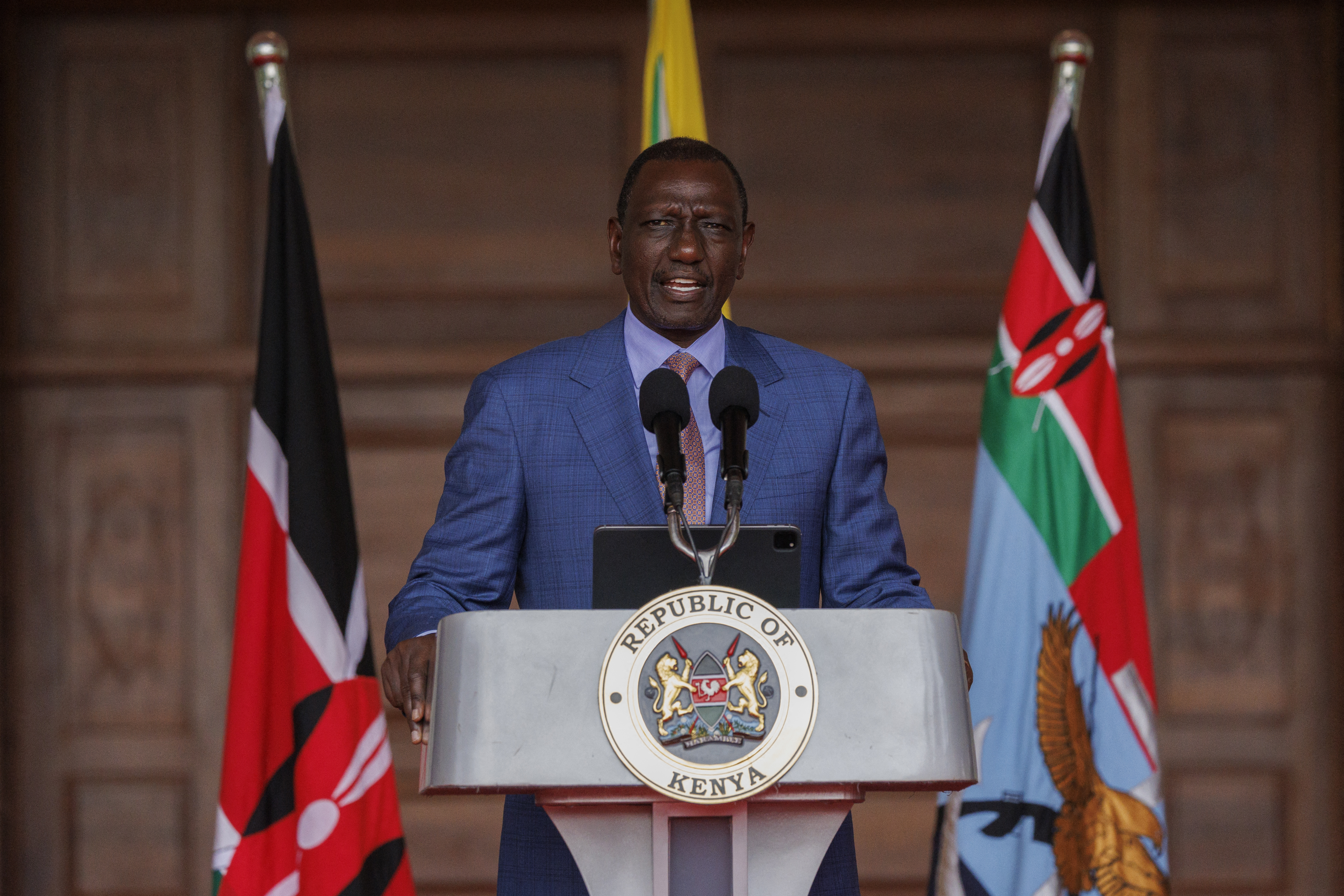 Kenya's President William Ruto speaks during a press conference at State House in Nairobi, Kenya