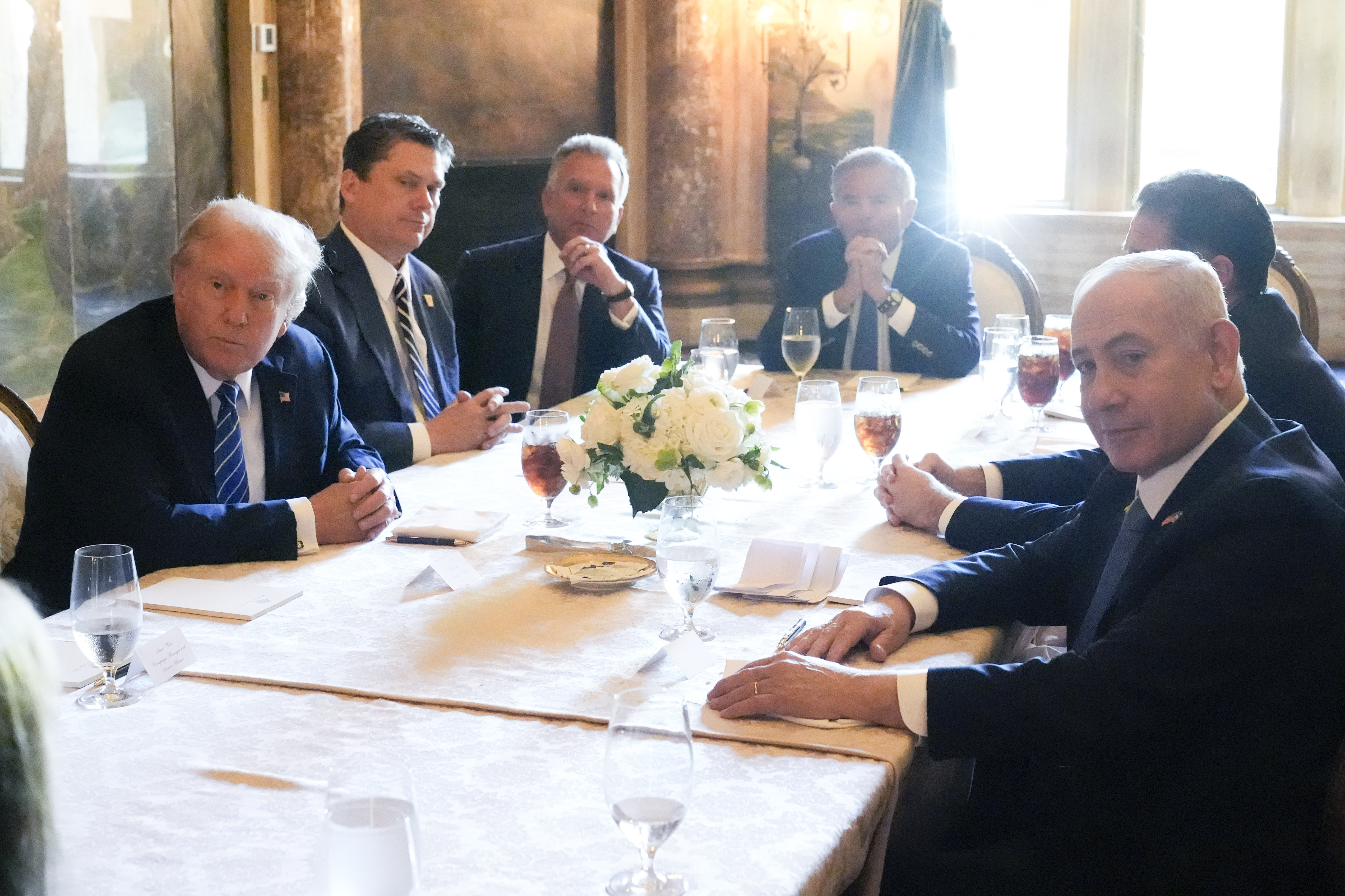 Republican presidential candidate former President Donald Trump meets with Israeli Prime Minister Benjamin Netanyahu at his Mar-a-Lago estate, Friday [Alex Brandon/AP Photo]