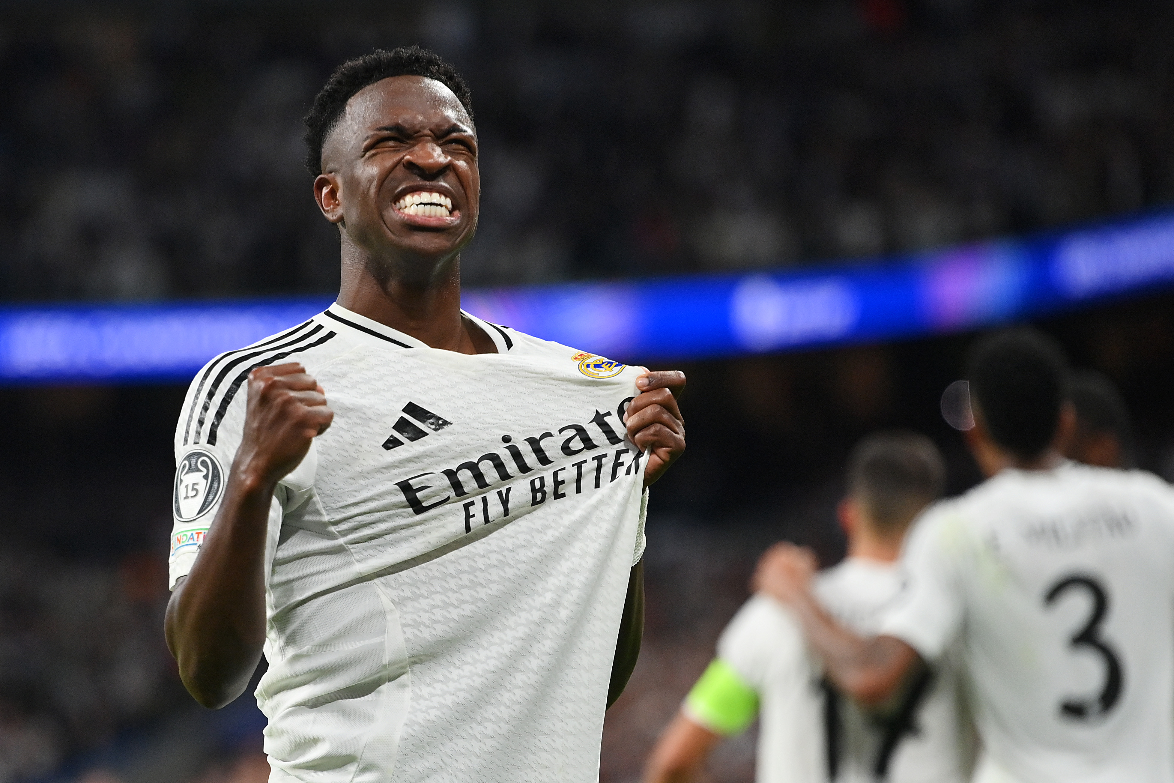 MADRID, SPAIN - OCTOBER 22: Vinicius Junior of Real Madrid celebrates scoring his team's fifth goal during the UEFA Champions League 2024/25 League Phase MD3 match between Real Madrid C.F. and Borussia Dortmund at Estadio Santiago Bernabeu on October 22, 2024 in Madrid, Spain. (Photo by Denis Doyle/Getty Images)