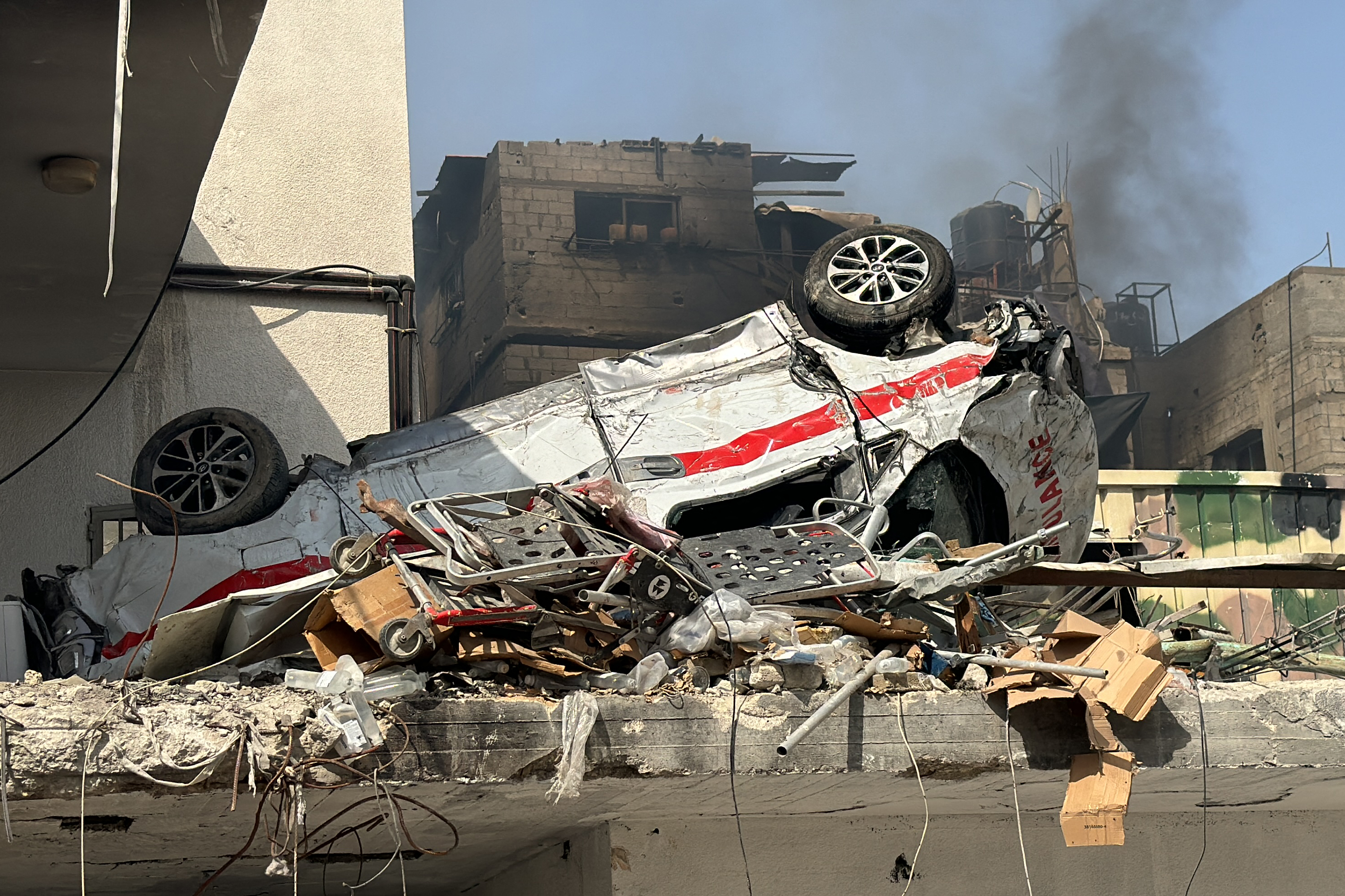 A picture shows the damage to an ambulance at the Kamal Adwan Hospital in Beit Lahia the northern Gaza Strip on October 26, 2024 [Photo by AFP]