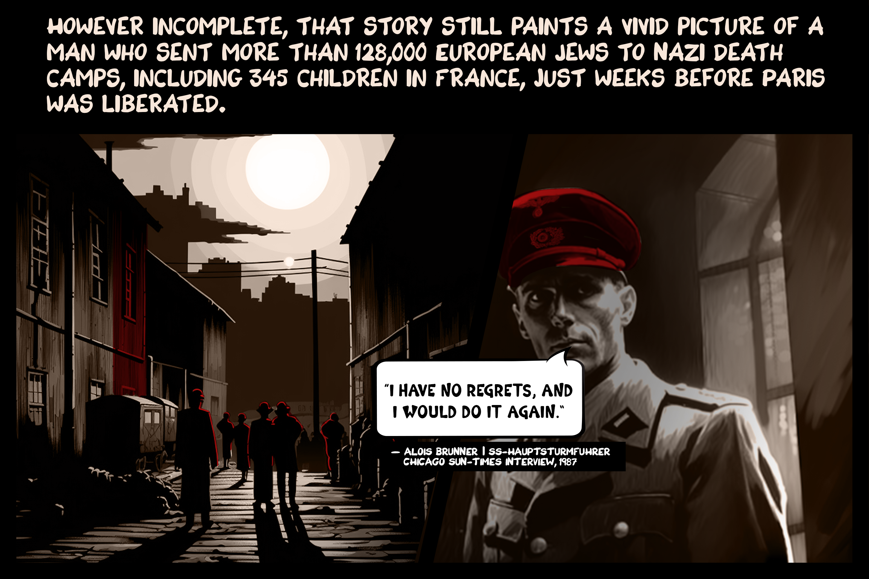 However incomplete, that story still paints a vivid picture of a man who sent more than 128,000 European Jews to Nazi death camps, including 345 children in France, just weeks before Paris was liberated.