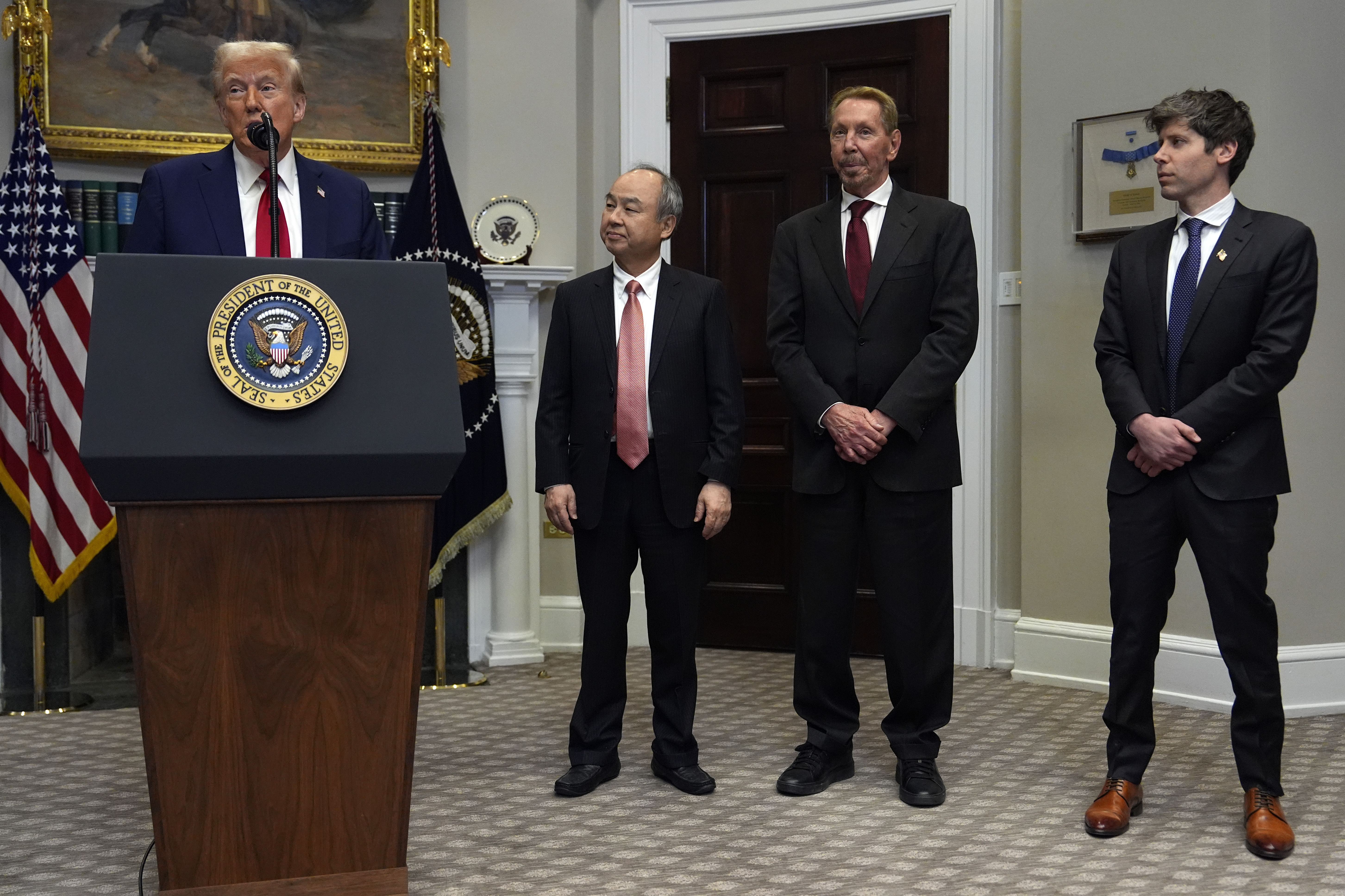 US President Donald Trump, Softbank CEO Masayoshi Son, Oracle chief technology officer Larry Ellison and OpenAI CEO Sam Altman at the White House in Washington, DC, the United States, on January 21, 2025 [Julia Demaree Nikhinson/AP]
