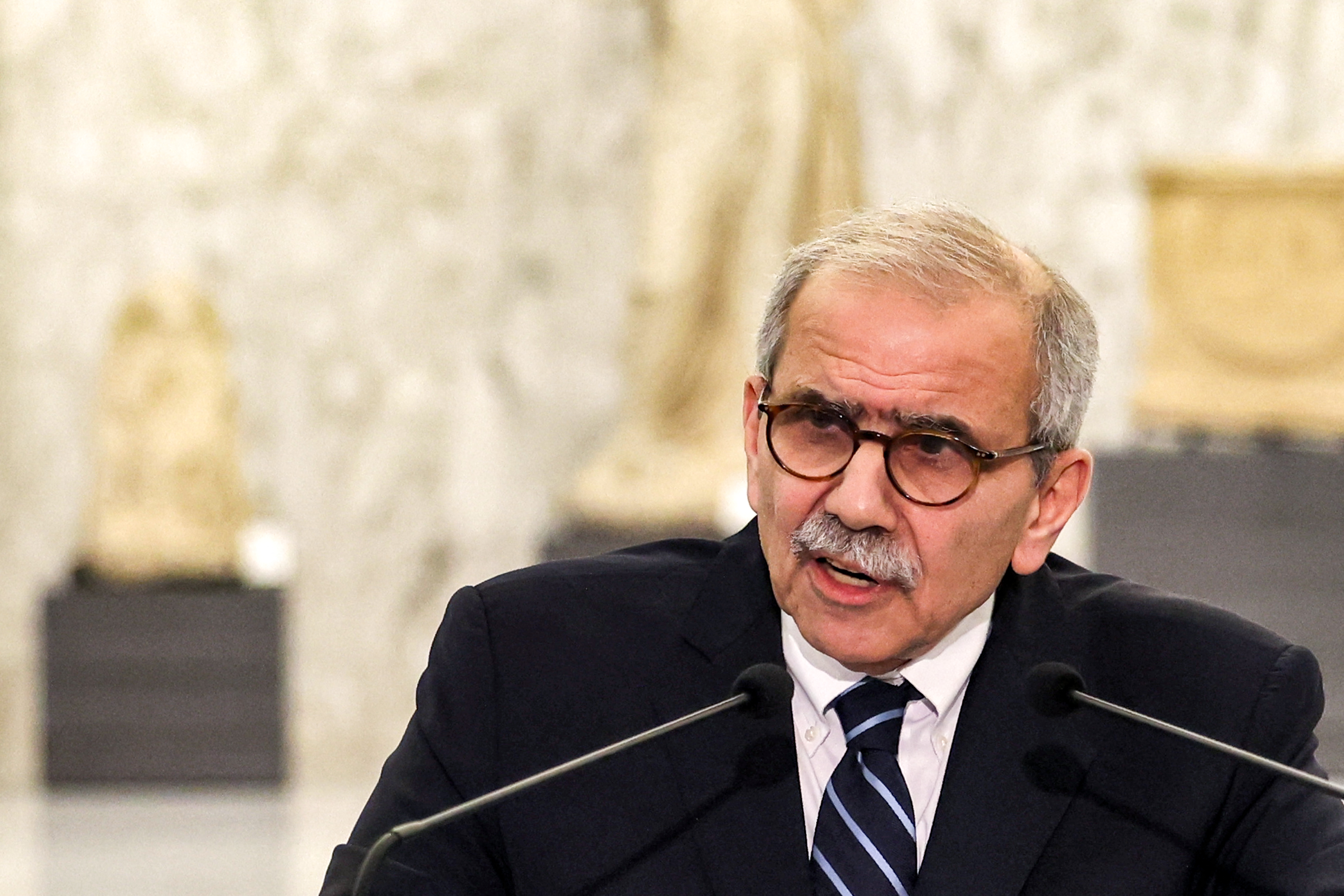 Lebanon's new prime minister-designate Nawaf Salam delivers a statement at the presidential palace in Baabda, east of Beirut, on January 14, 2025. [Anwar AMRO / AFP]
