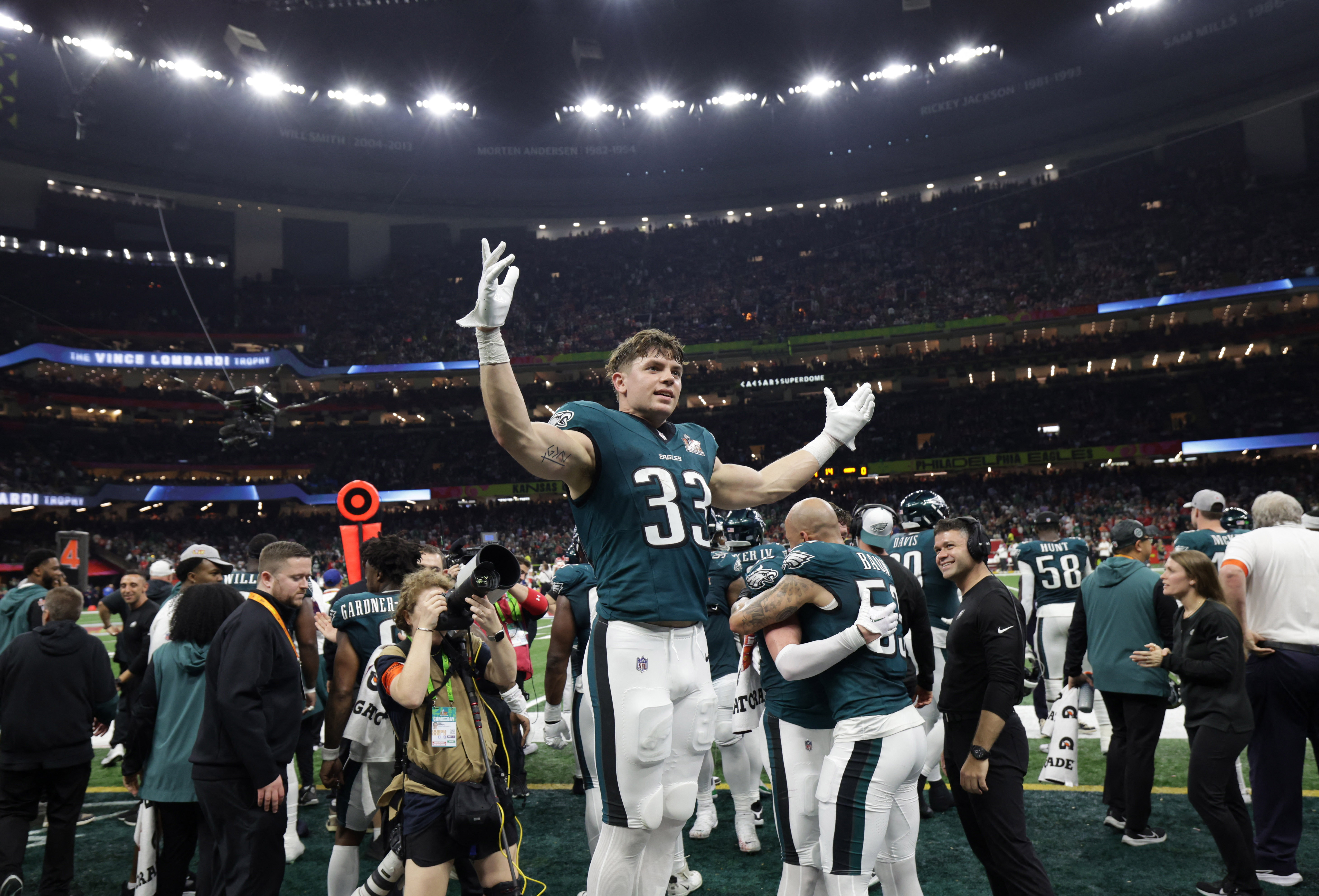Football - NFL - Super Bowl LIX - Philadelphia Eagles v Kansas City Chiefs - Caesars Superdome, New Orleans, Louisiana, United States - February 9, 2025 Philadelphia Eagles' Cooper DeJean celebrates during the game REUTERS/Mike Segar