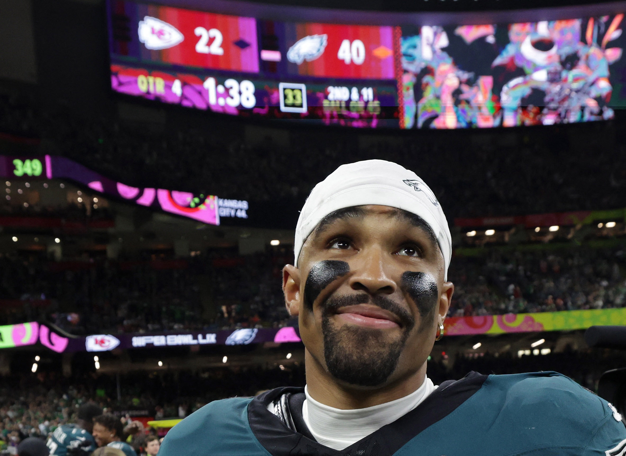 Football - NFL - Super Bowl LIX - Philadelphia Eagles v Kansas City Chiefs - Caesars Superdome, New Orleans, Louisiana, United States - February 9, 2025 Philadelphia Eagles' Jalen Hurts celebrates during the game REUTERS/Mike Segar